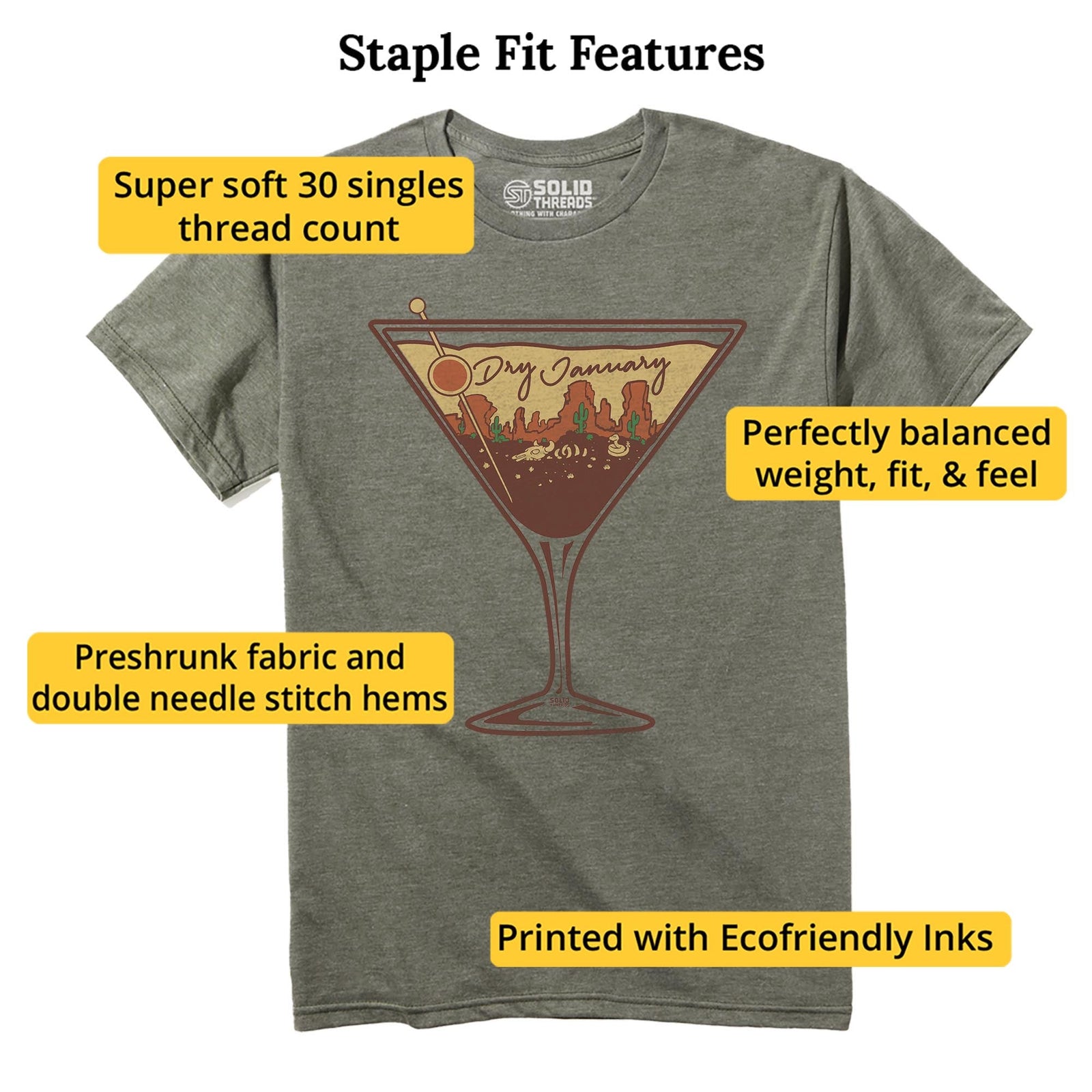 Dry January Vintage Staple T-shirt in Olive Heather - Fit Attributes