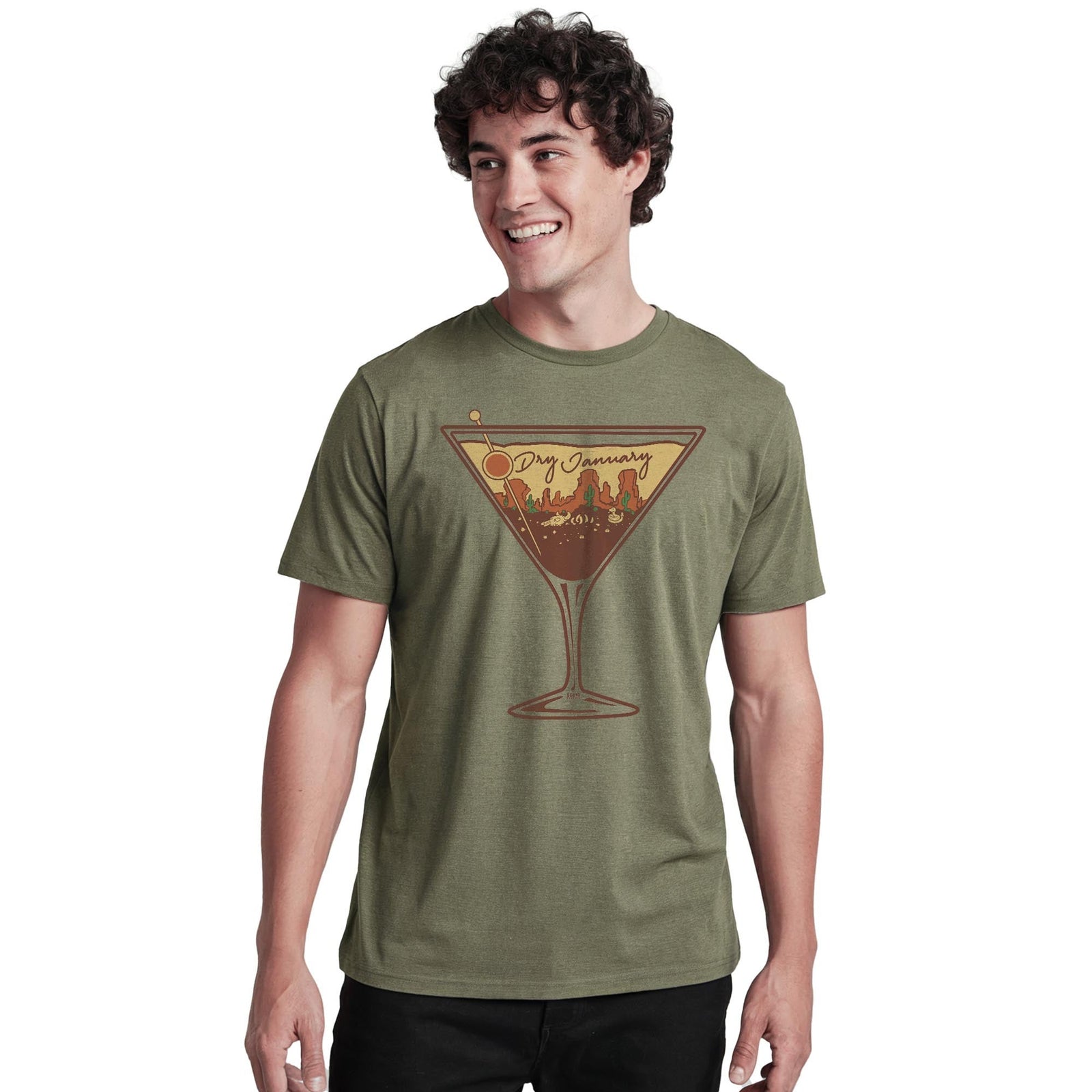 Dry January Vintage Staple T-shirt in Olive Heather On Model - Front View