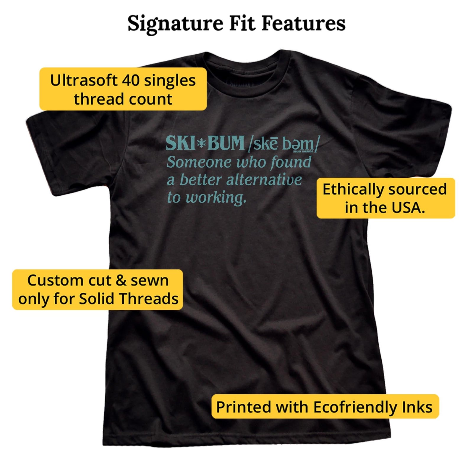 Ski Bum Defined Cool Signature T-shirt in Black - Fit Attributes