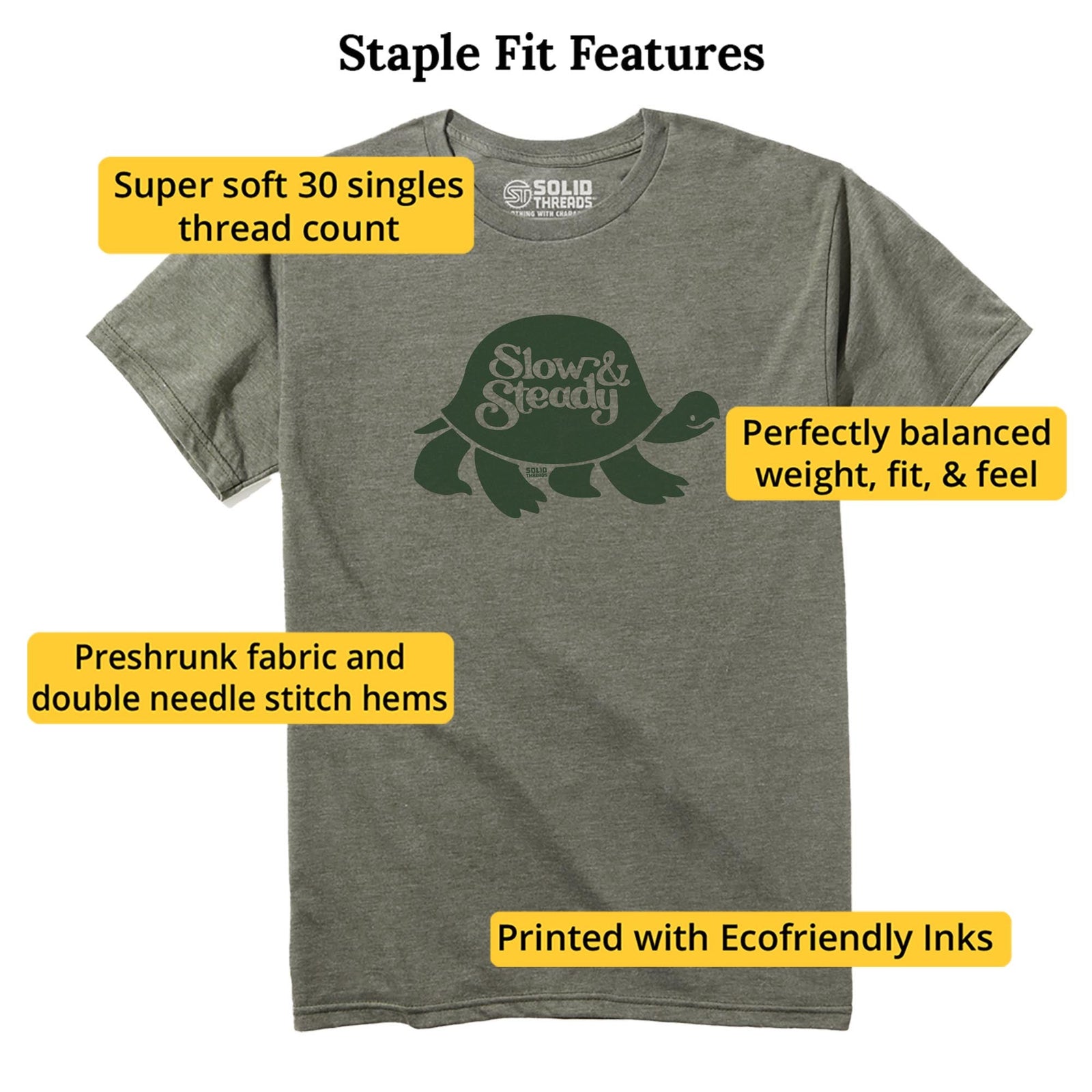 Slow And Steady Cool Staple T-shirt in Olive Heather - Fit Attributes