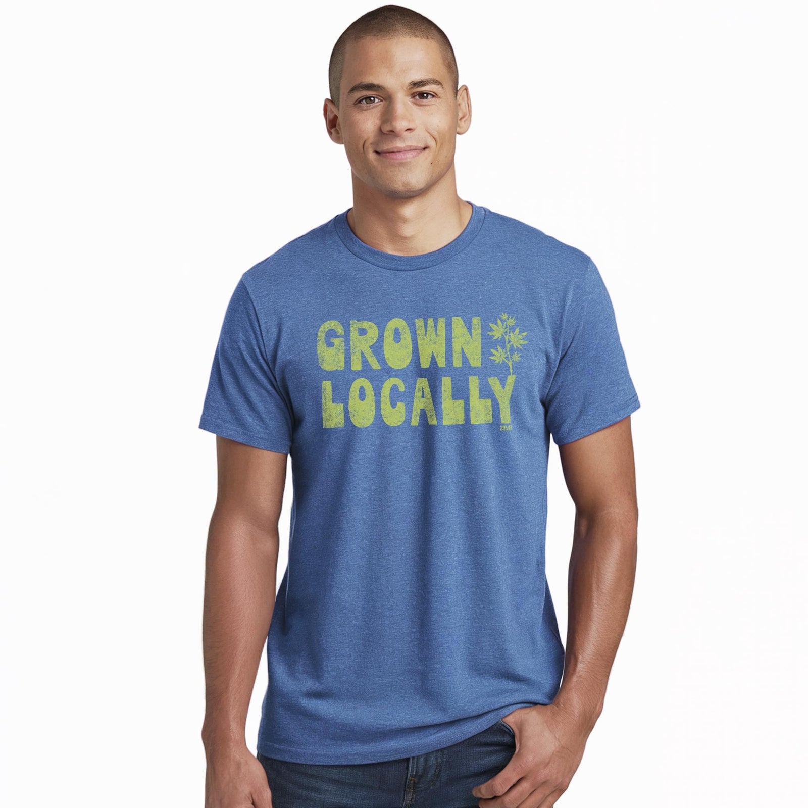 Ganja Grown Locally Cool Staple T-shirt in Royal Heather On Model - Front View