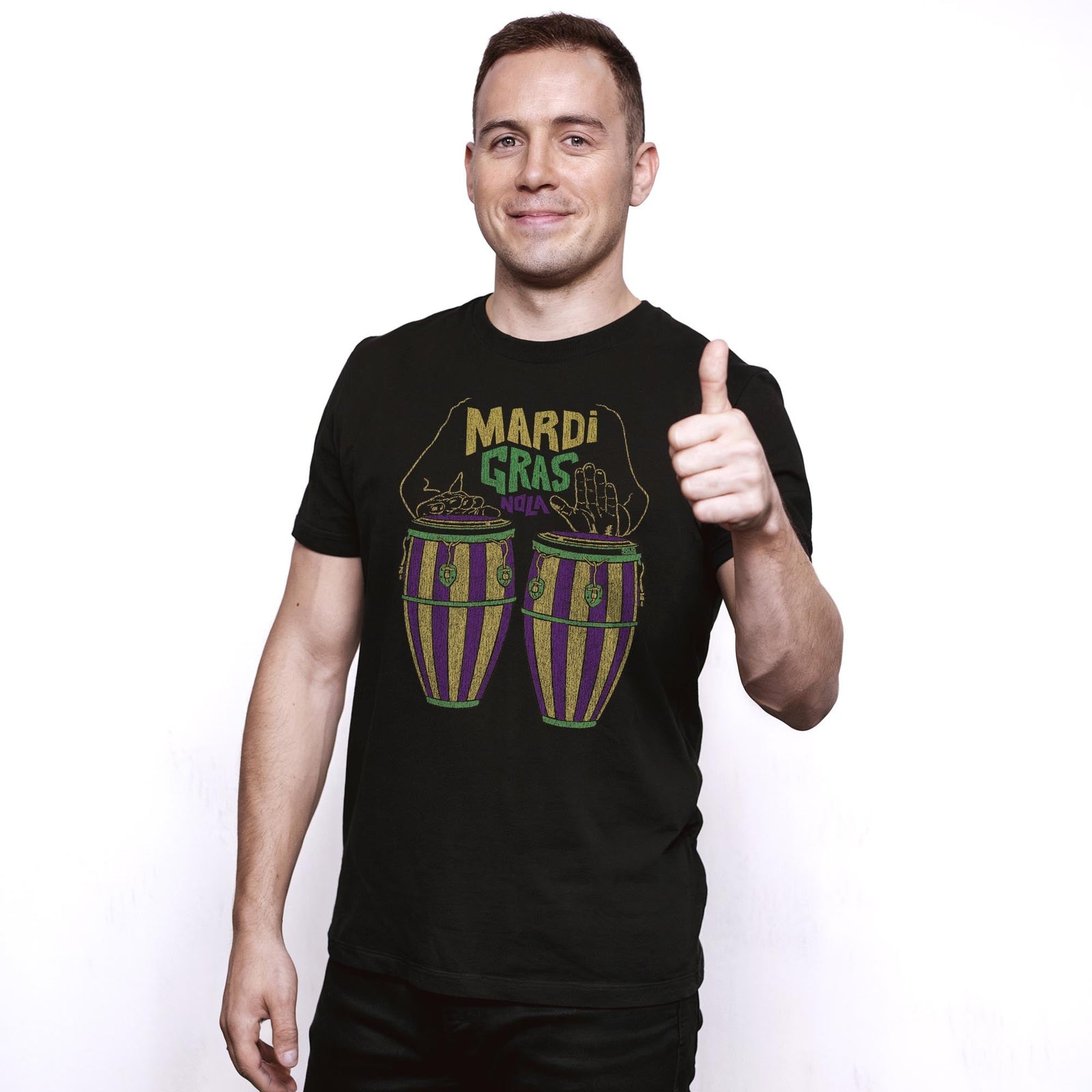 Mardi Gras Drums Cool Staple T-shirt in Black On Model - Front View