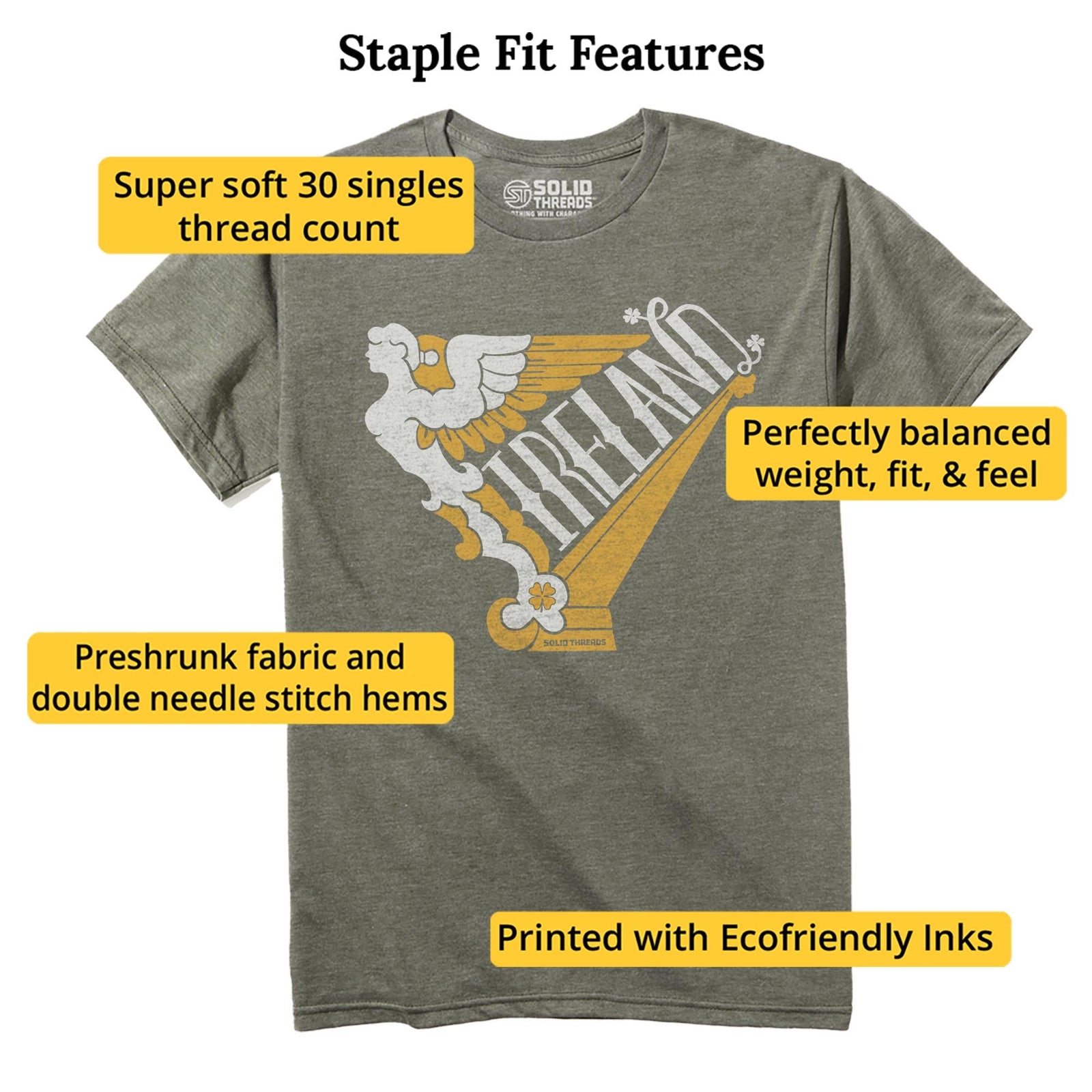 Ireland Harp Cool Staple T-shirt in Olive Heather - Fit Attributes