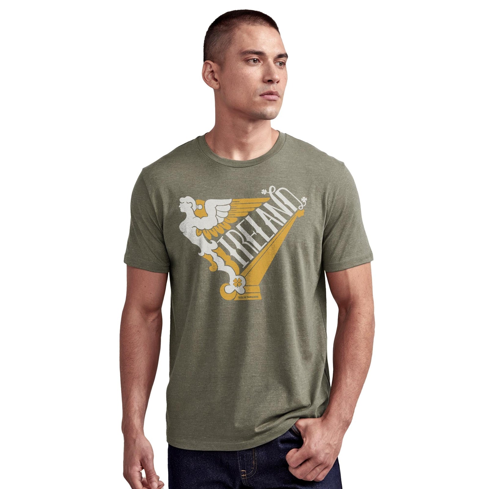 Ireland Harp Cool Staple T-shirt in Olive Heather On Model - Front View