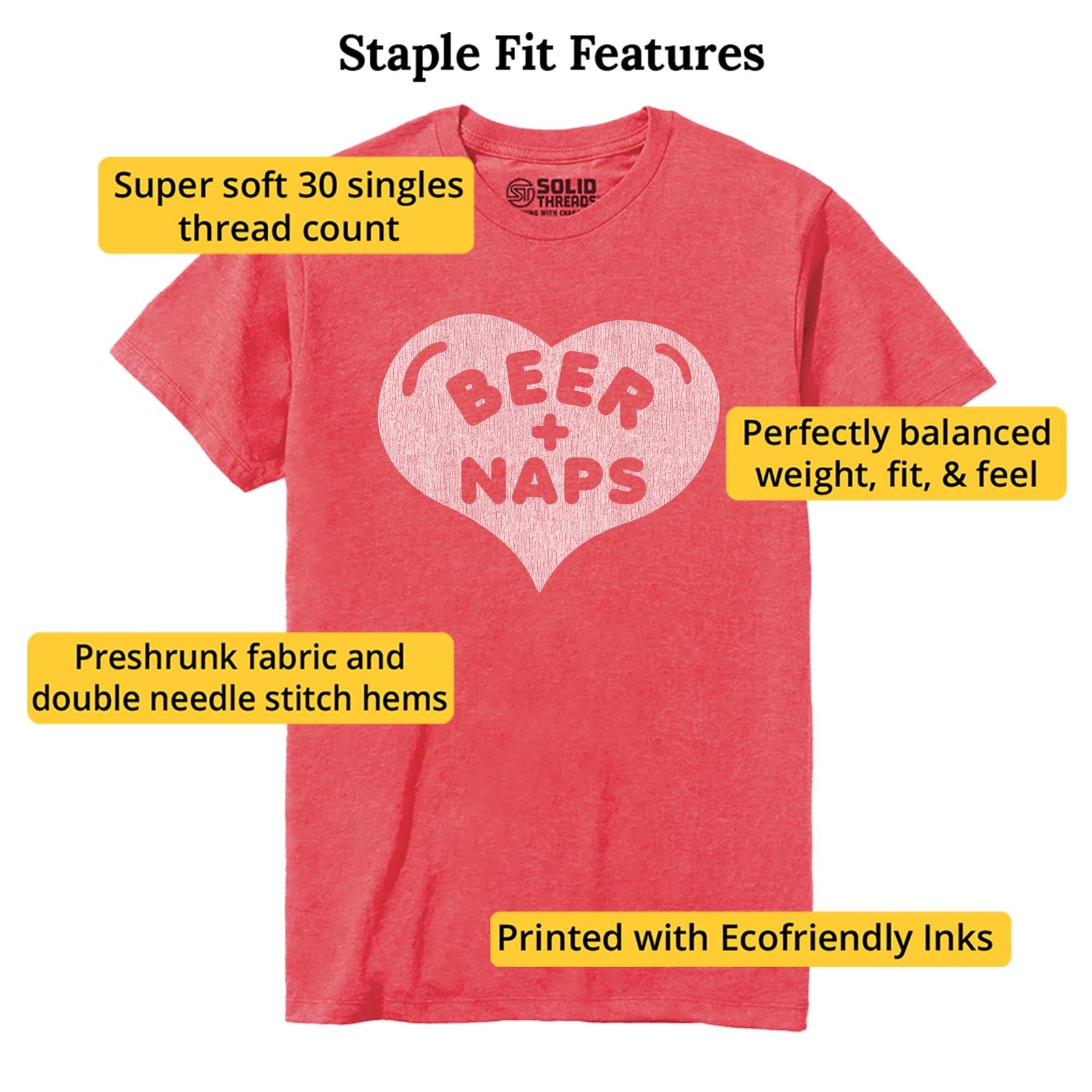 Beer + Naps Funny Staple T-shirt in Red Heather - Fit Attributes