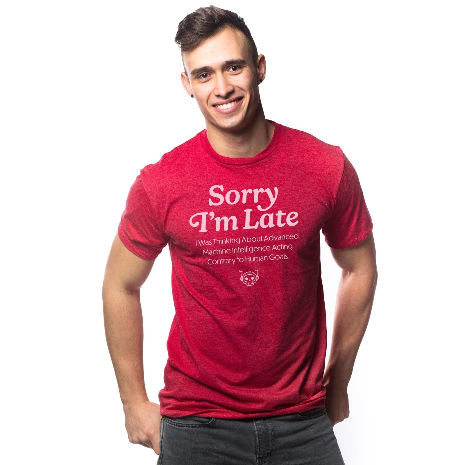 Sorry I'm Late I Was Thinking About Advanced Machine Intelligence Funny Signature T-shirt in Red On Model - Front View