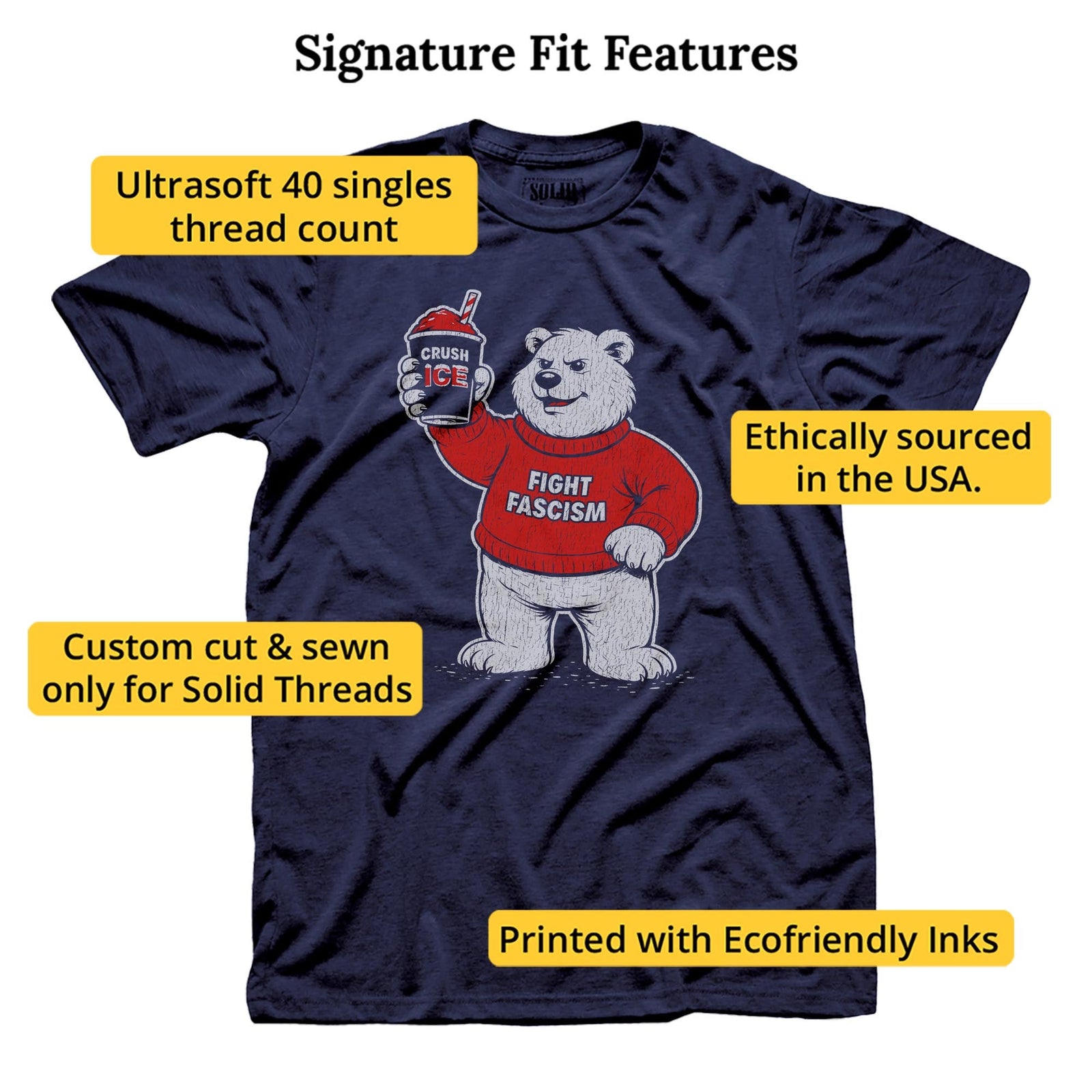 Fight Fascism Polar Bear Cool Signature T-shirt in Navy - Fit Attributes
