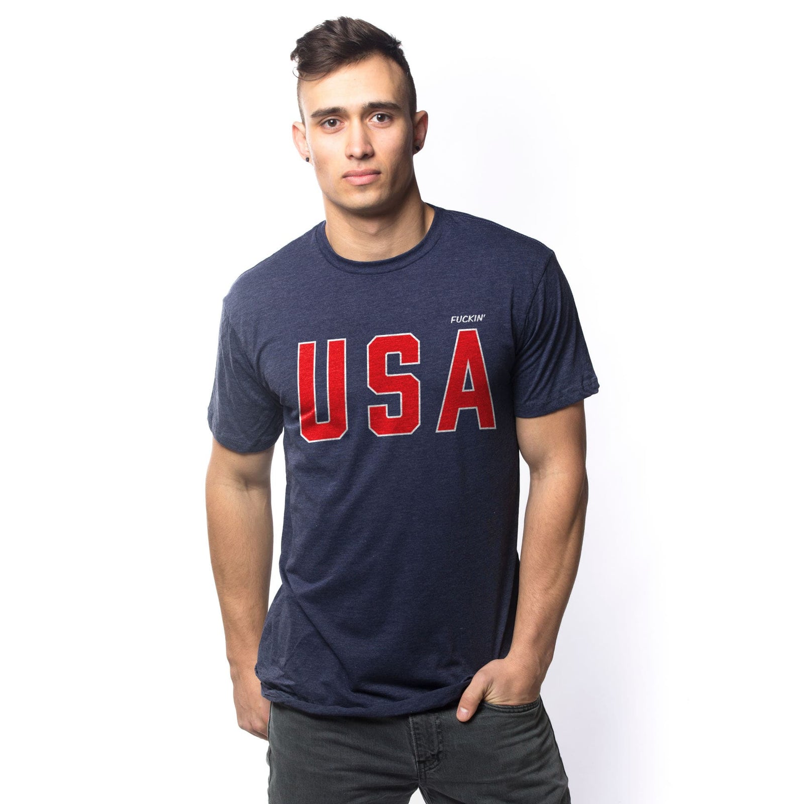 Us Fuckin’ A Funny Usa-Made Signature T-Shirt in Navy On Model - Front View