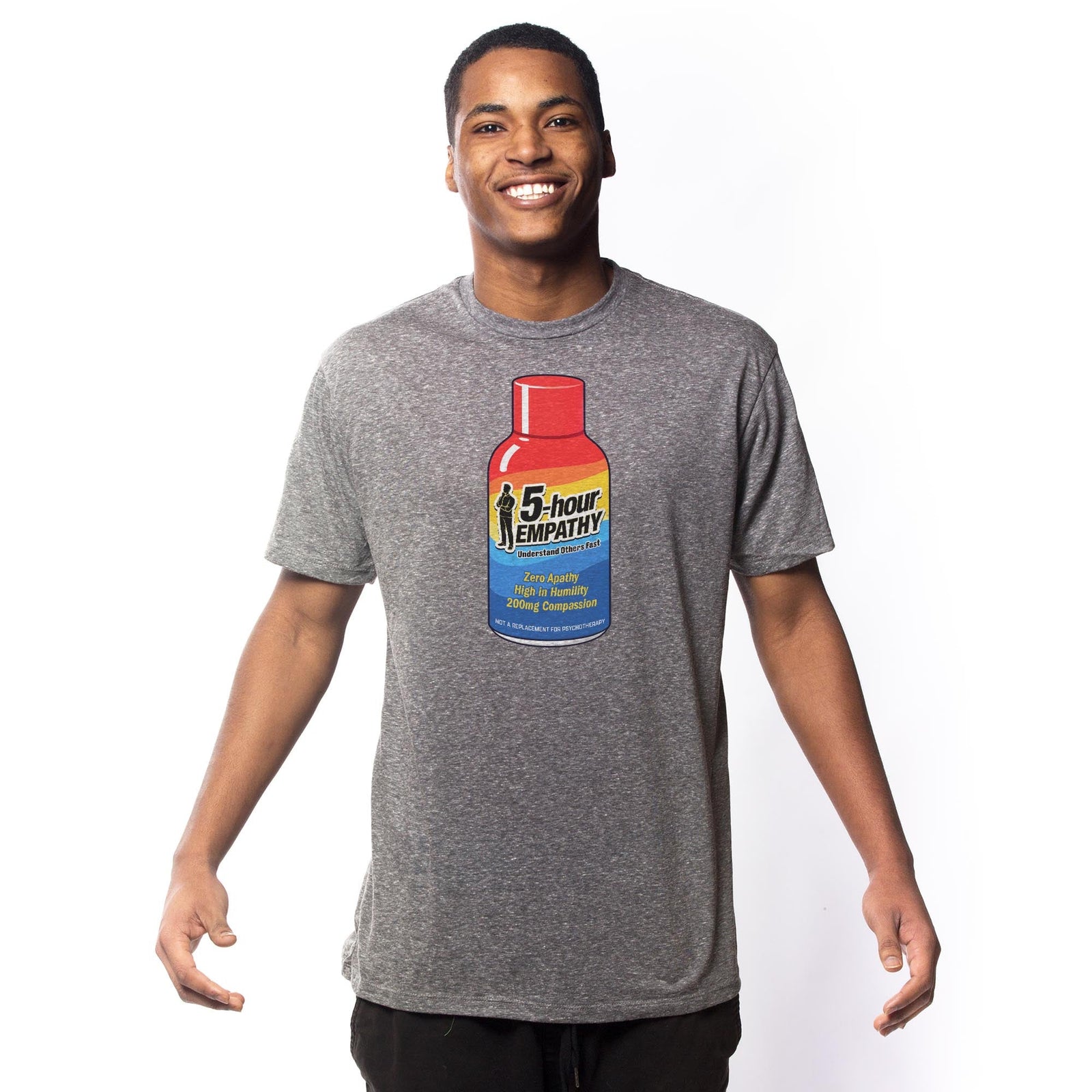 Five Hour Empathy Funny Signature T-shirt in Triblend Grey On Model - Front View