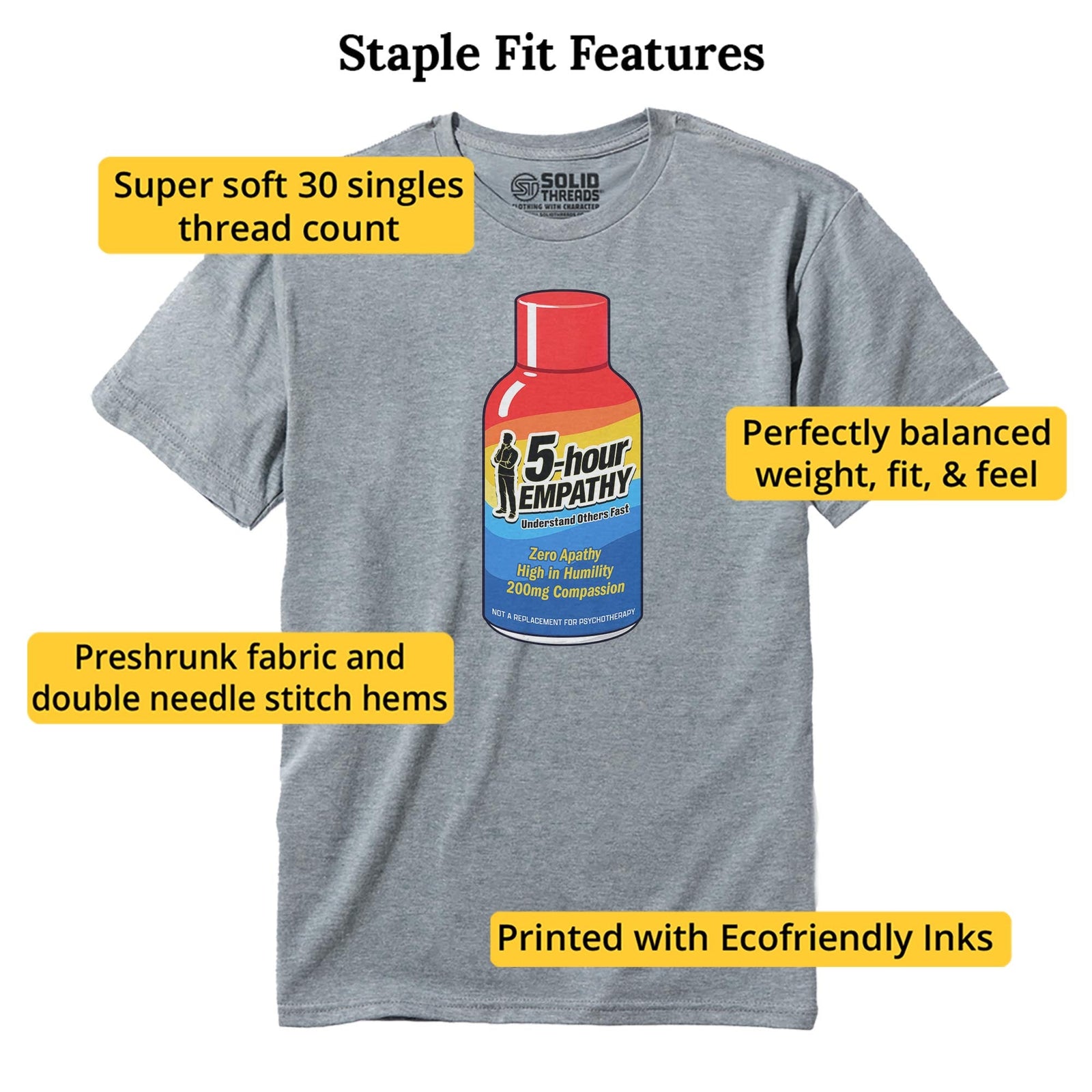 Five Hour Empathy Funny Staple T-shirt in Ash Heather - Fit Attributes
