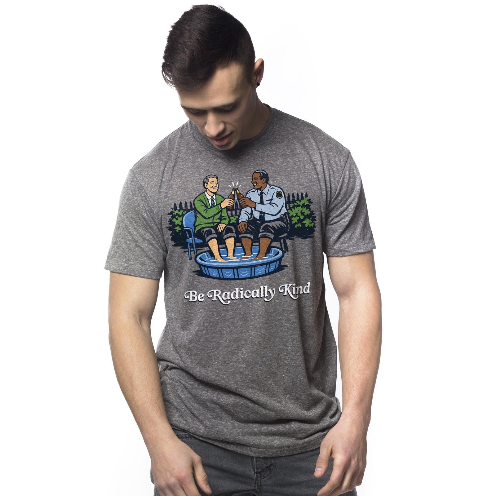 Be Radically Kind Cool Usa-Made Signature T-Shirt in Triblend Grey On Model - Front View