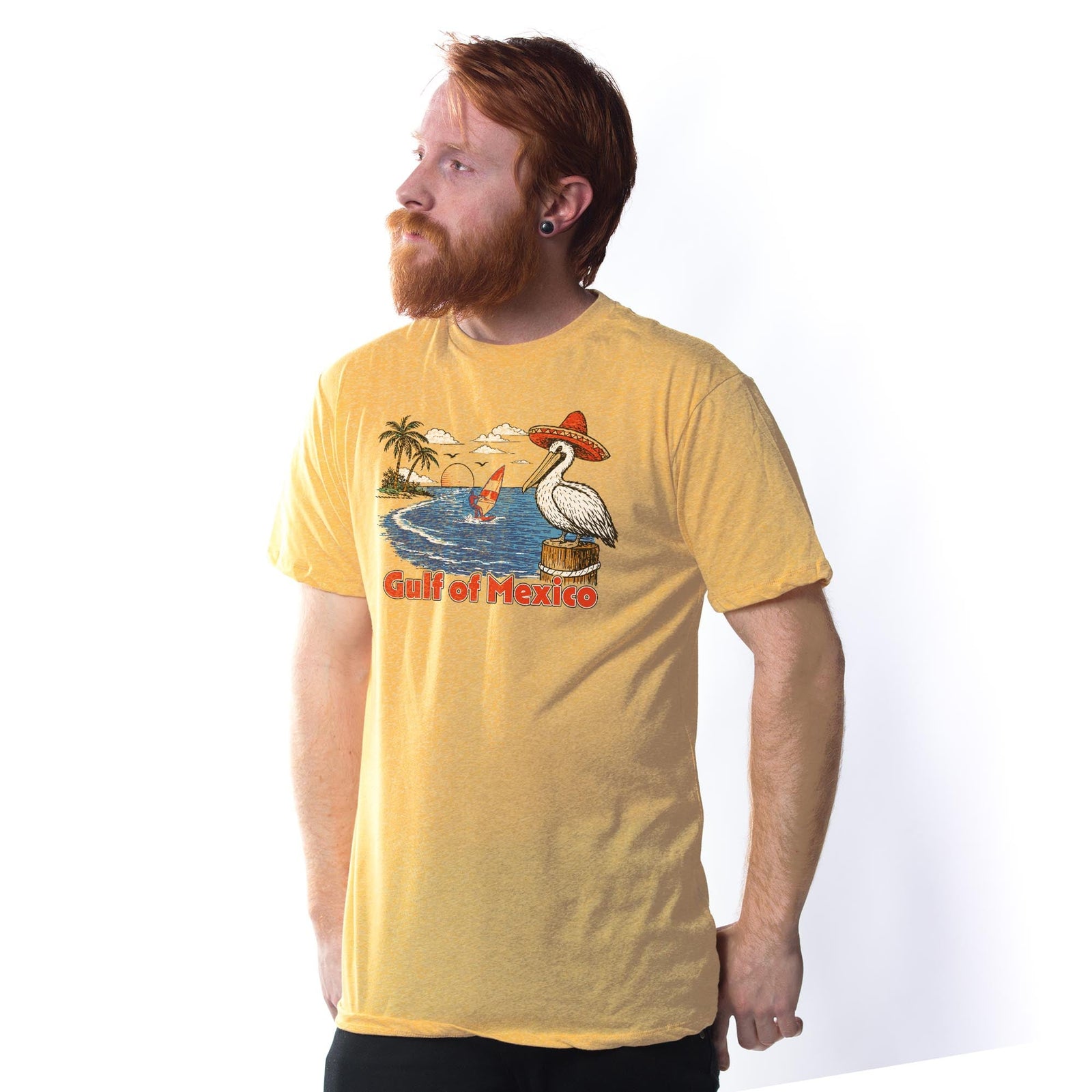 Gulf Of Mexico Vintage Usa-Made Signature T-Shirt in Triblend Gold On Model - Front View
