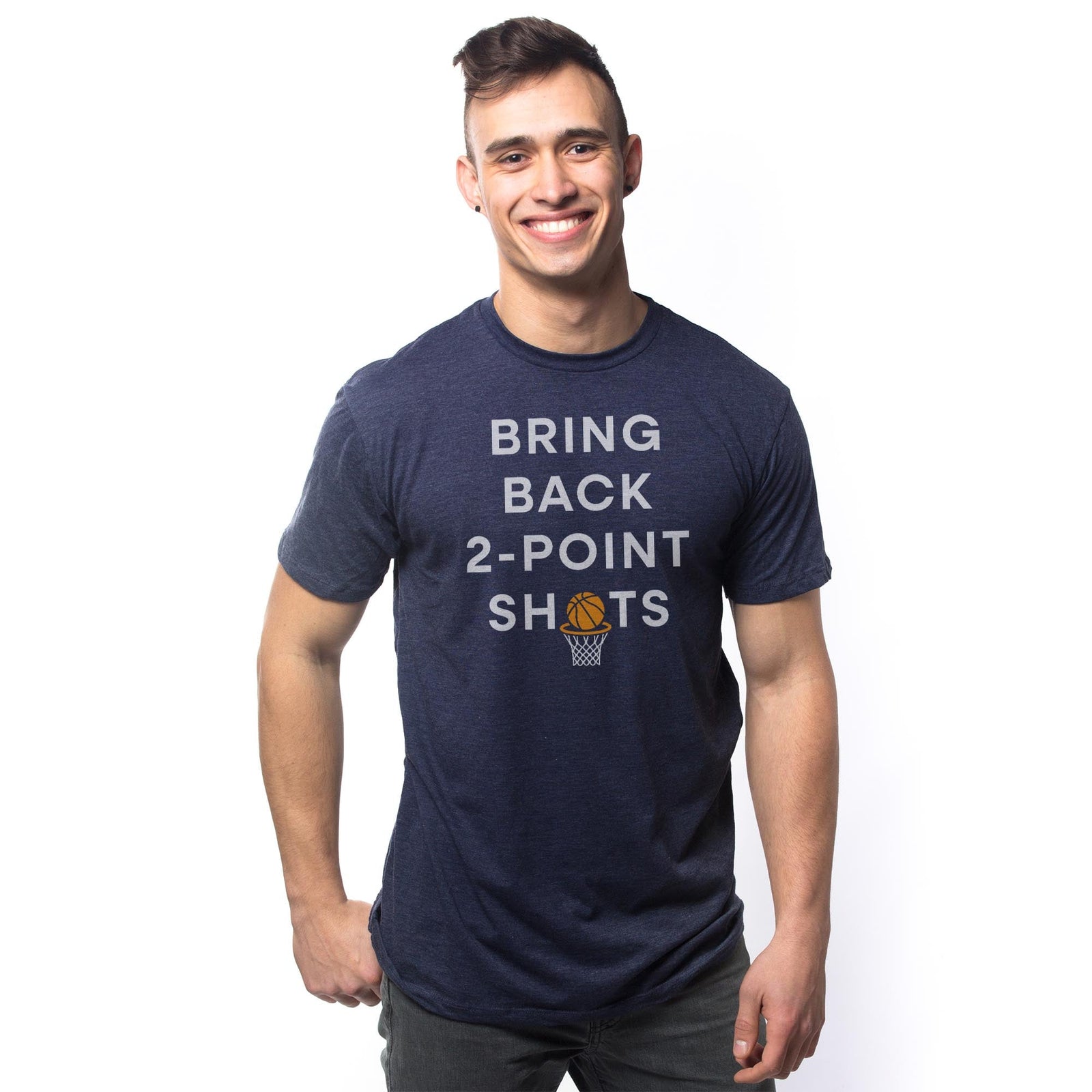 Bring Back 2-Point Shots Vintage Usa-Made Signature T-Shirt in Navy On Model - Front View