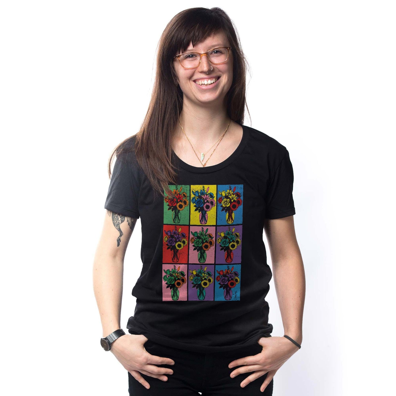 Pop Art Flowers Vintage Signature T-shirt in Black On Model - Front View