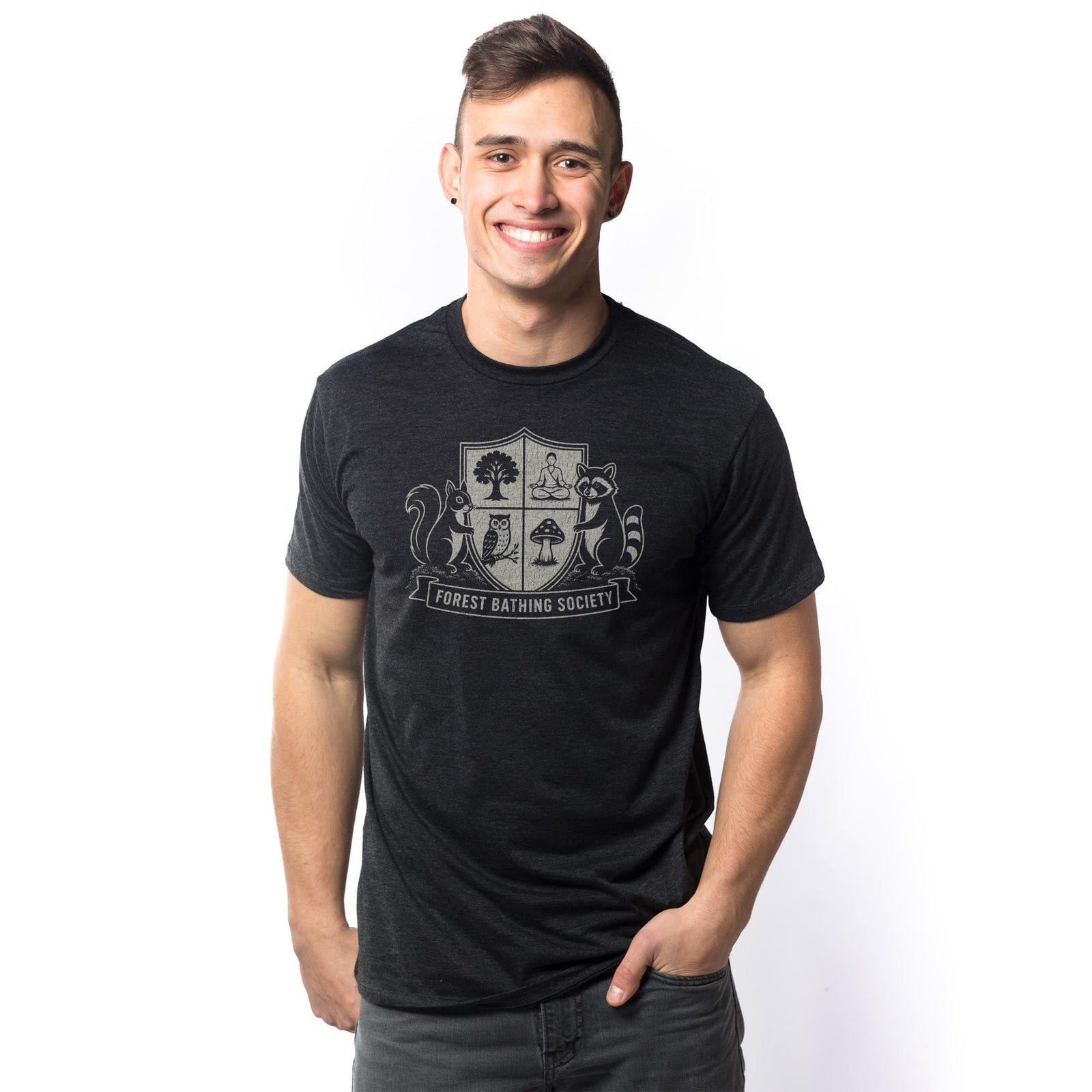 Forest Bathing Society Funny Signature T-shirt in Dark Charcoal On Model - Front View