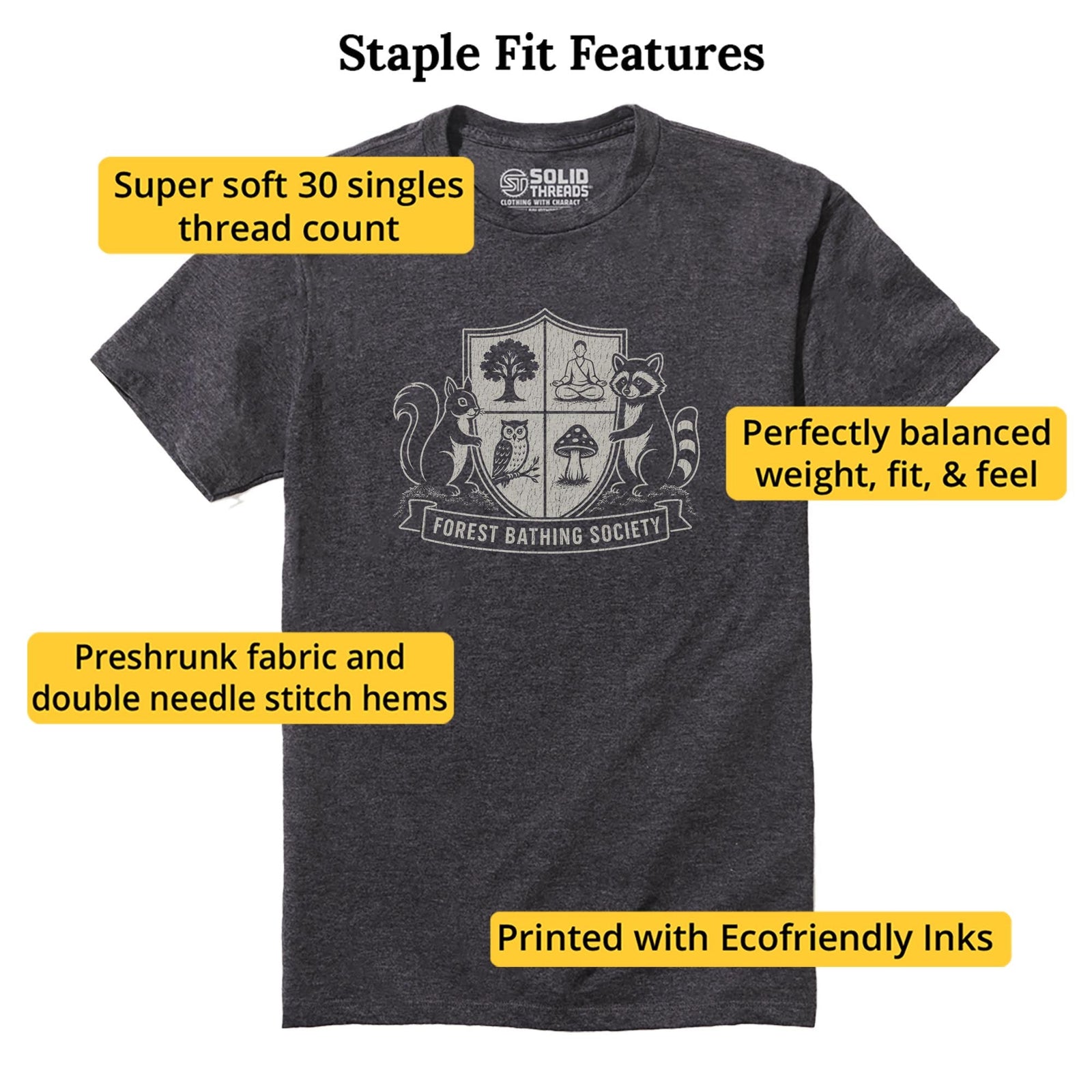 Forest Bathing Society Funny Staple T-shirt in Charcoal Heather - Fit Attributes