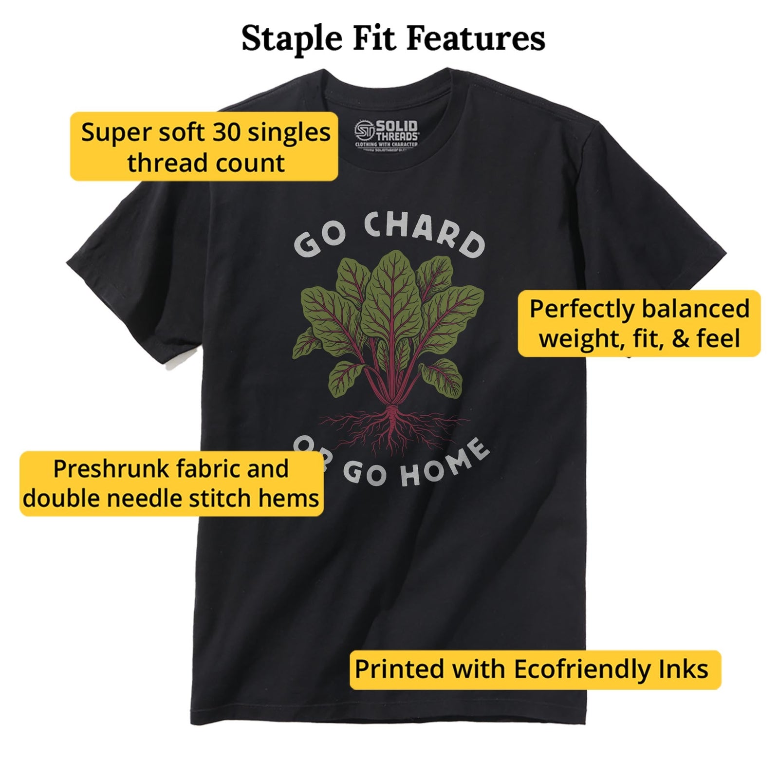 Go Chard Or Go Home Funny Staple T-shirt in Black - Fit Attributes