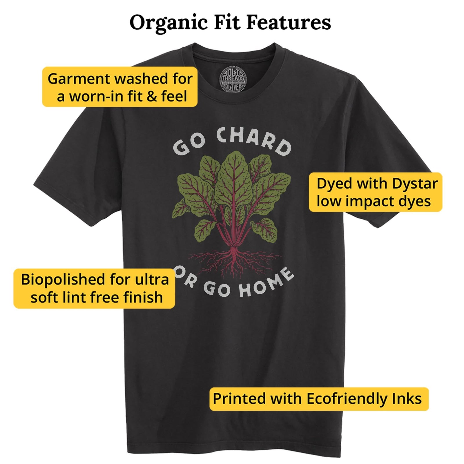 Go Chard Or Go Home Funny Organic T-shirt in Black - Fit Attributes