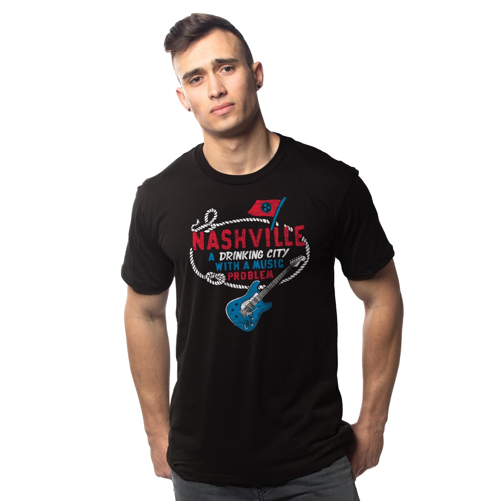 Men's Drinking City Music Problem Funny Graphic T Shirt | Vintage Nashville Drinking Music Tee on Model | Solid Threads