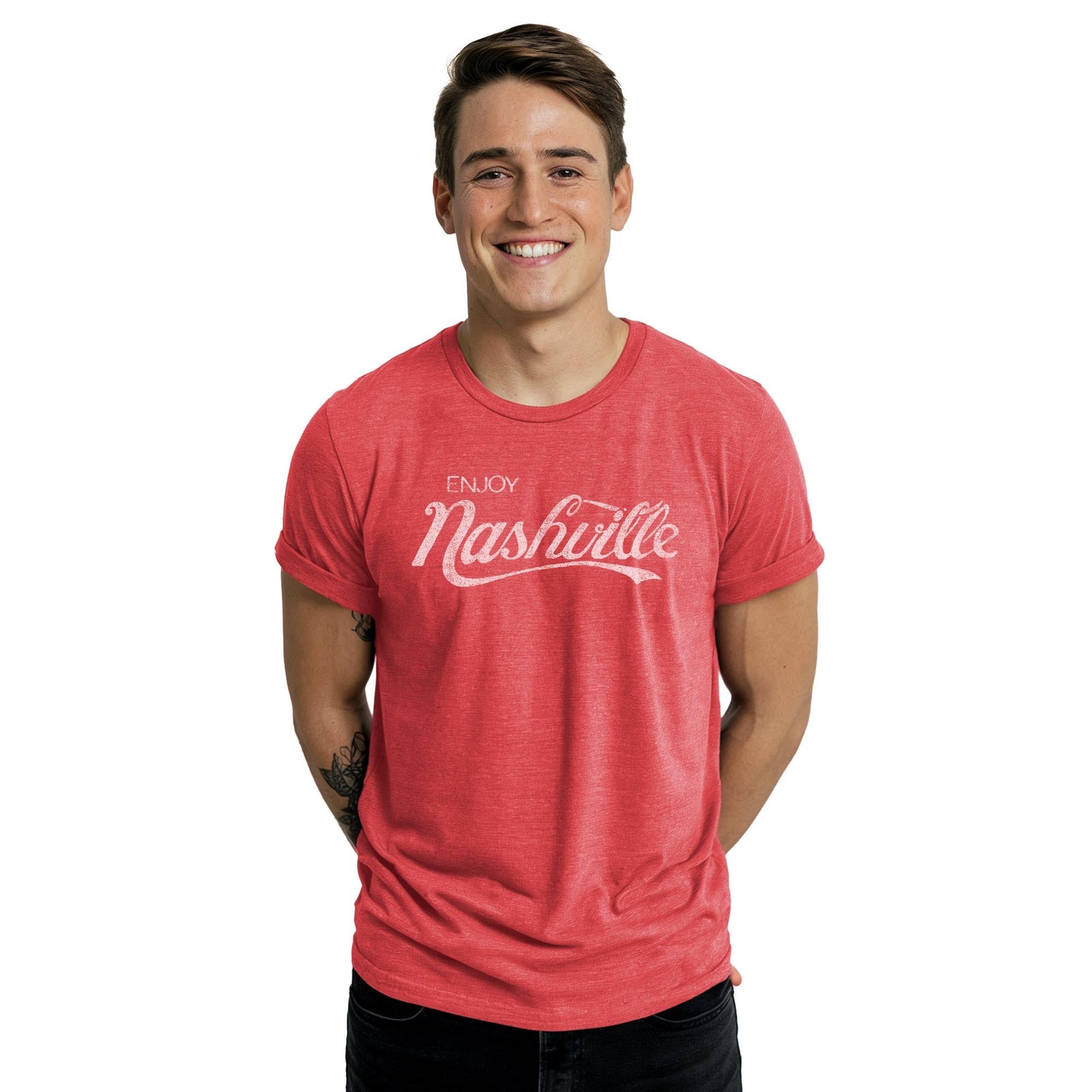Nash Cola Vintage Staple T-shirt in Red Heather On Model - Front View