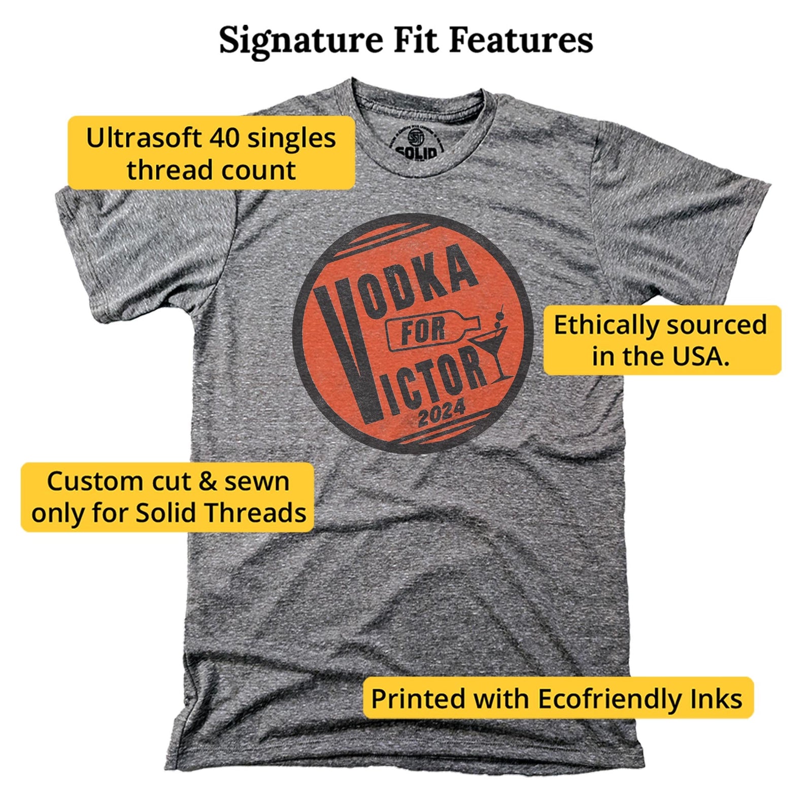 Vodka For Victory Funny Signature T-shirt in Triblend Grey - Fit Attributes