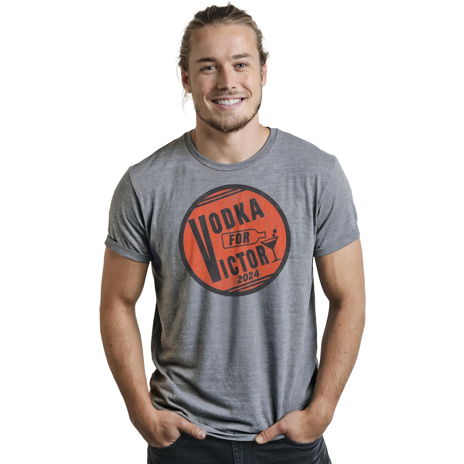 Vodka For Victory Funny Staple T-shirt in Ash Heather On Model - Front View