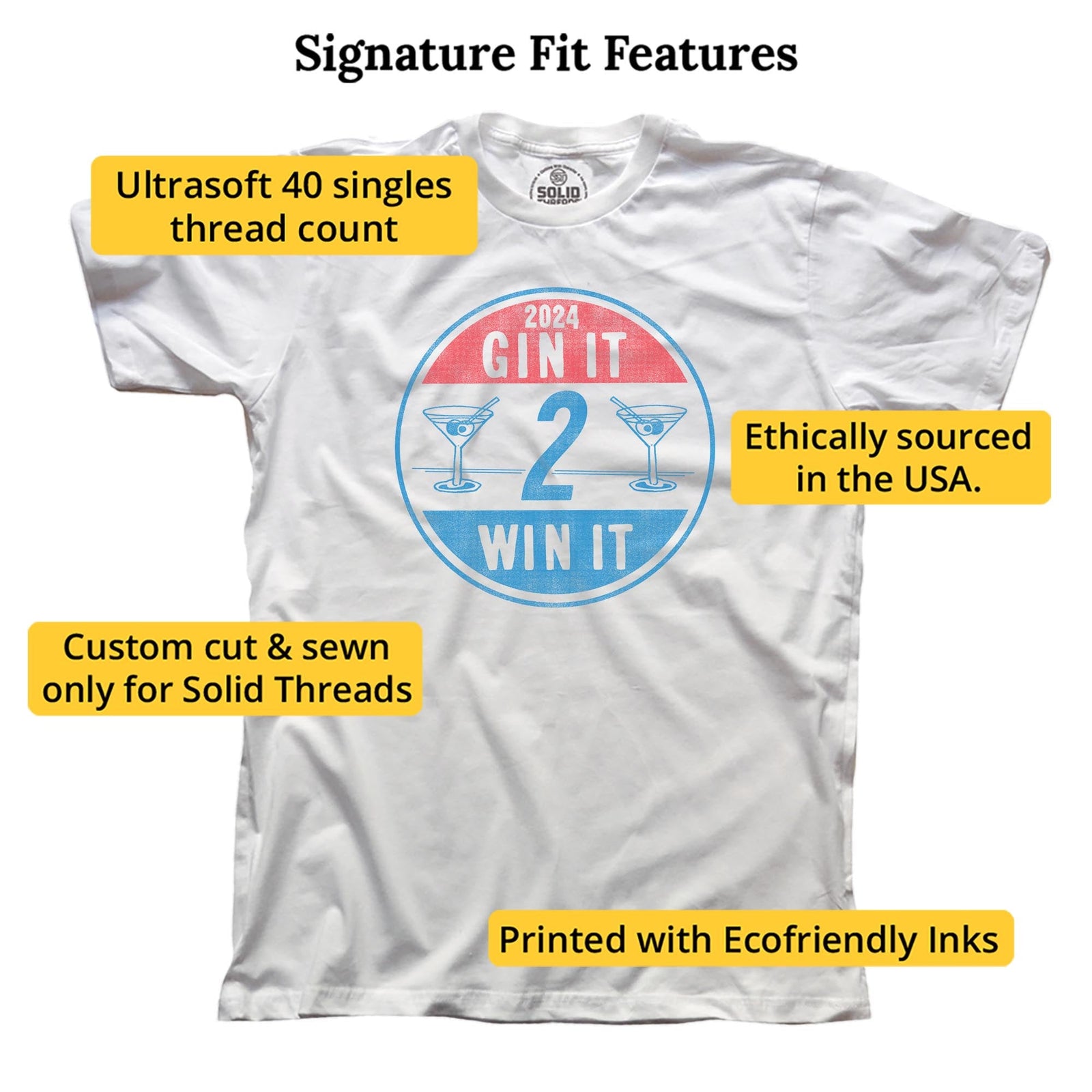 Gin It To Win It Funny Signature T-shirt in White - Fit Attributes