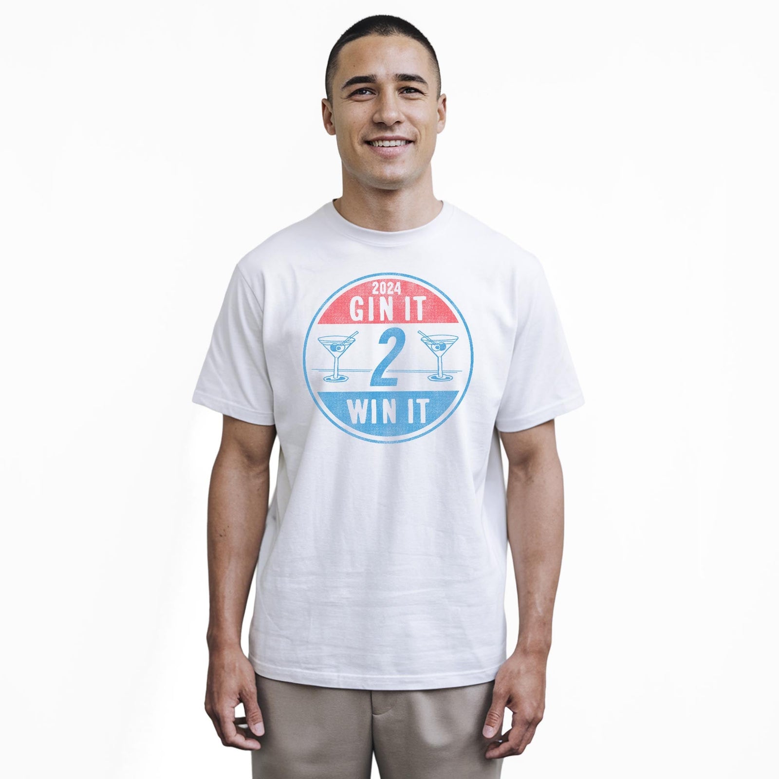 Gin It To Win It Funny Staple T-shirt in White On Model - Front View