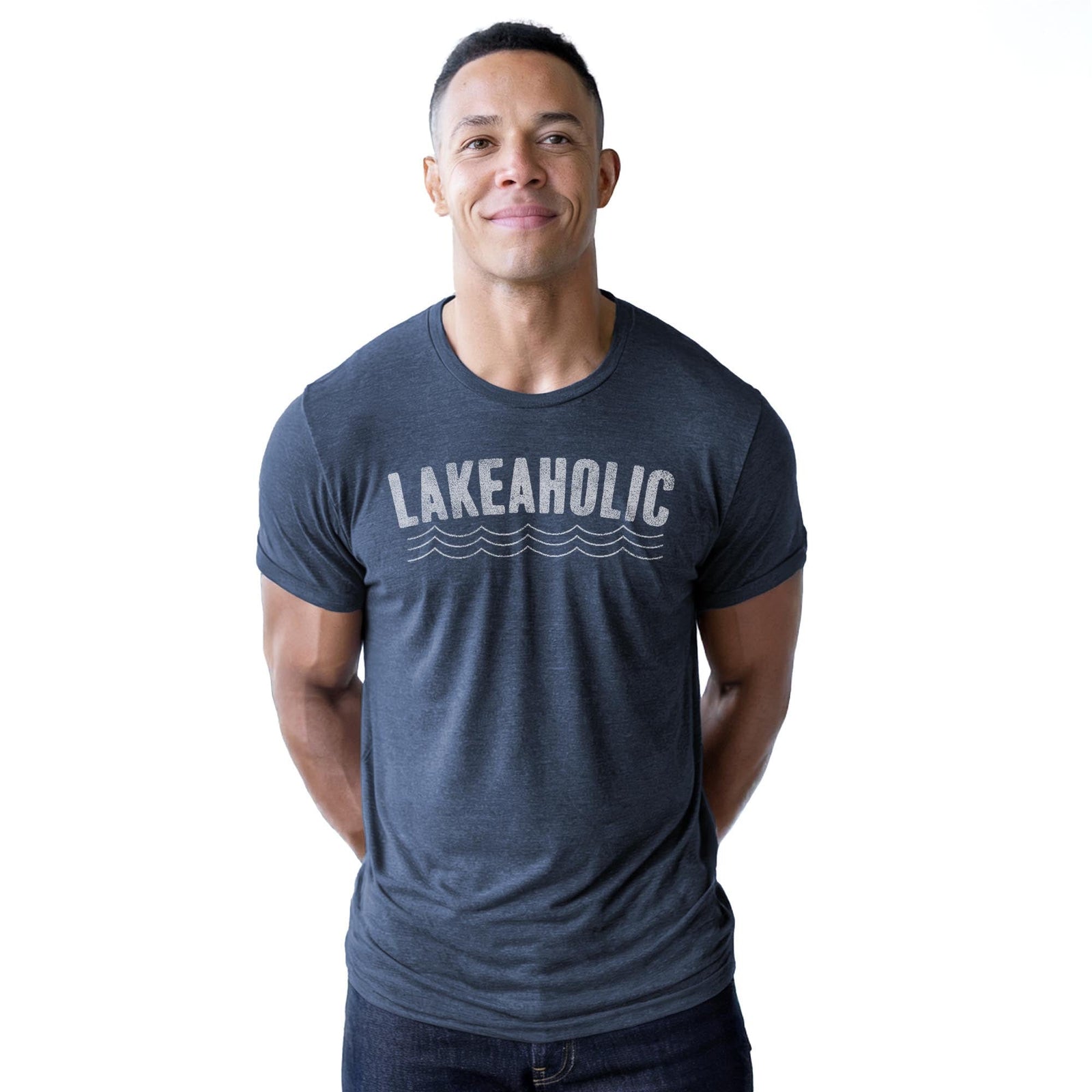 Lakeaholic Funny Staple T-shirt in Navy Heather On Model - Front View