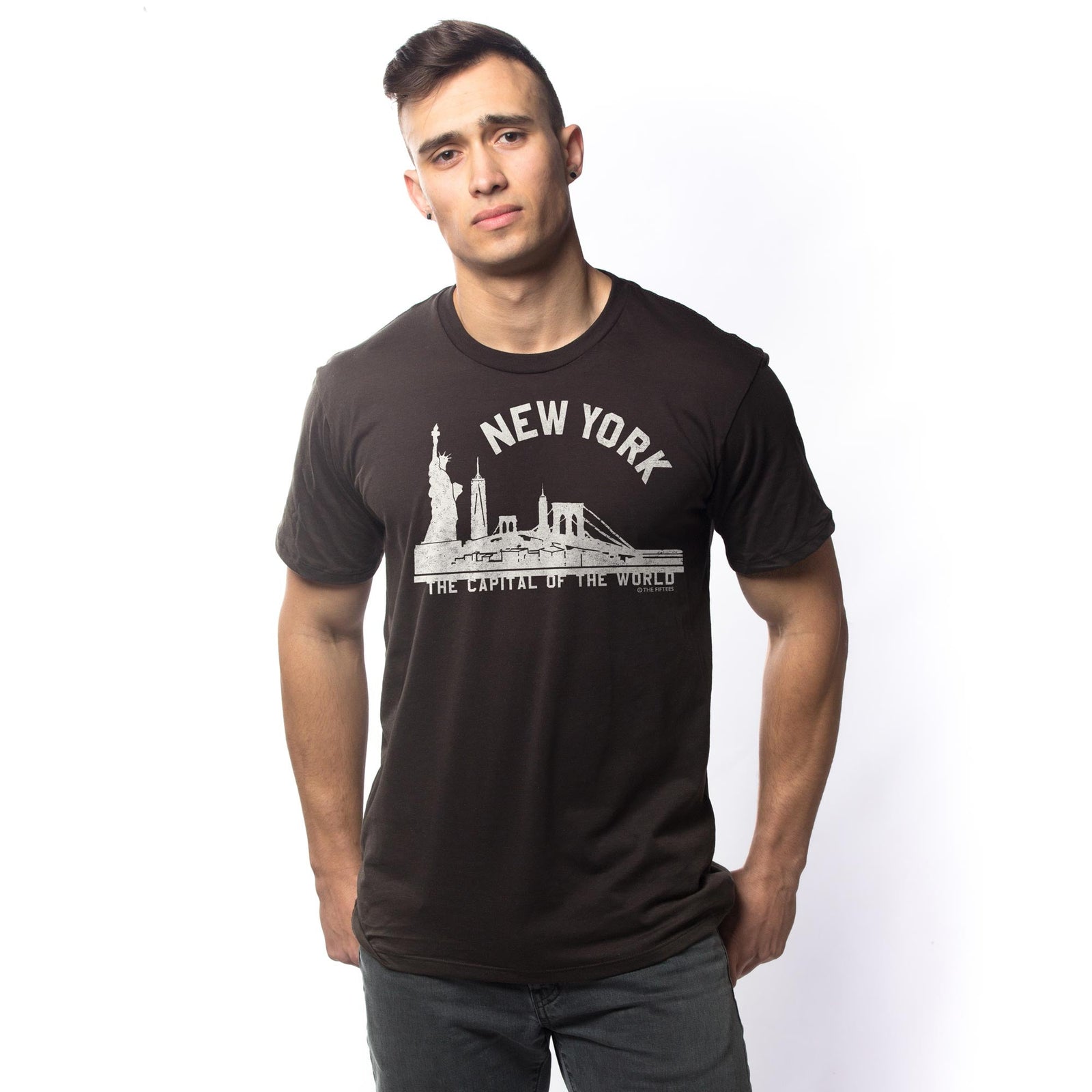 Men's New York The Capital Of The World Cool Graphic T-shirt | Vintage New York City Tee on Model | Solid Threads