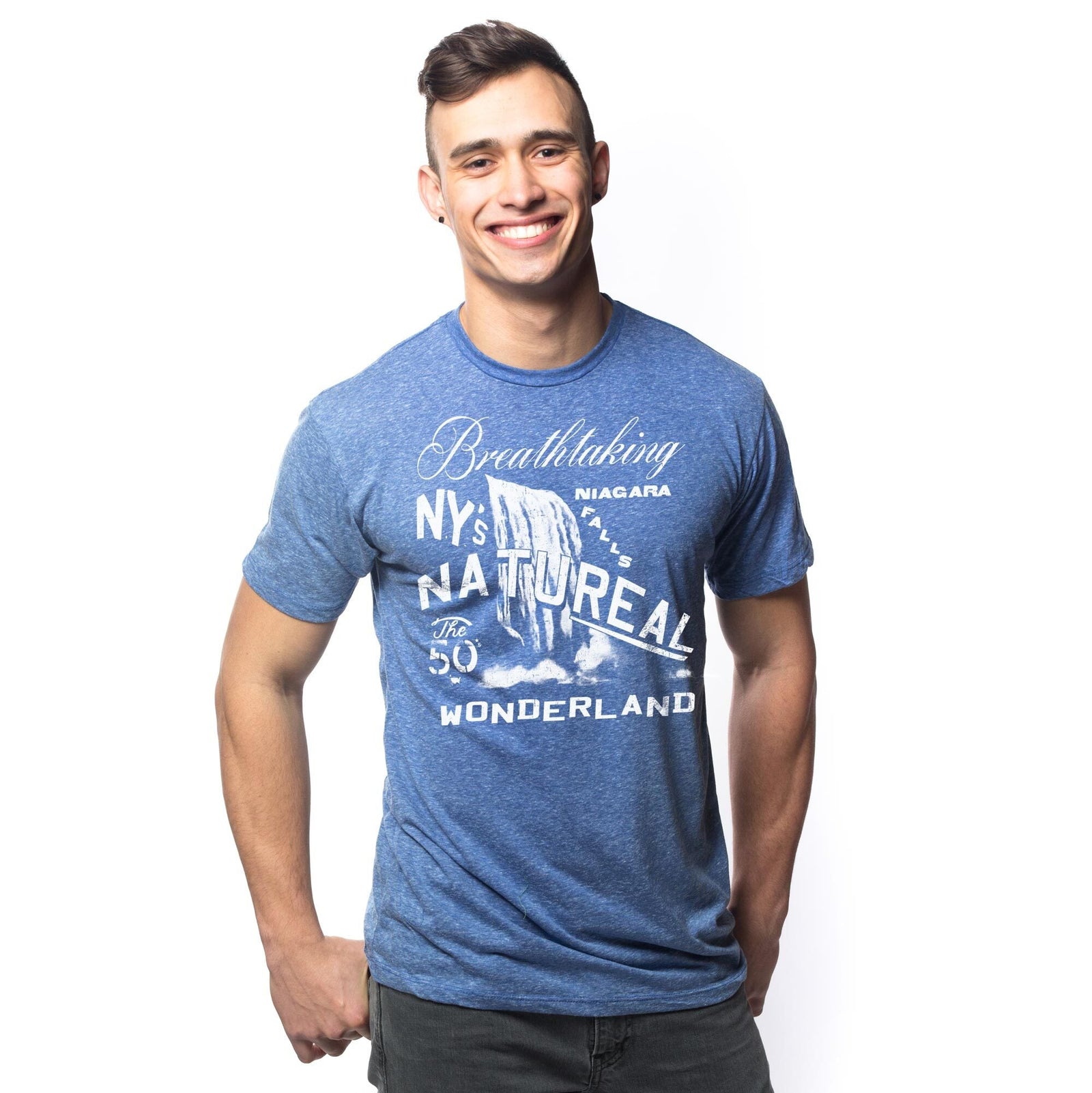 Men's Niagara Falls Cool Graphic T-Shirt | Vintage New York Waterfall Tee on Model | Solid Threads