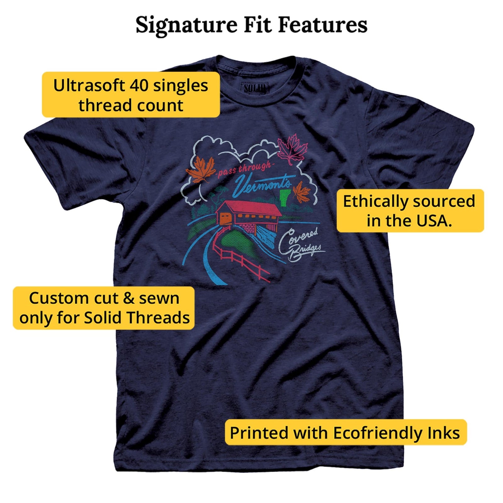 Vt Covered Bridge Cool Signature T-shirt in Navy - Fit Attributes