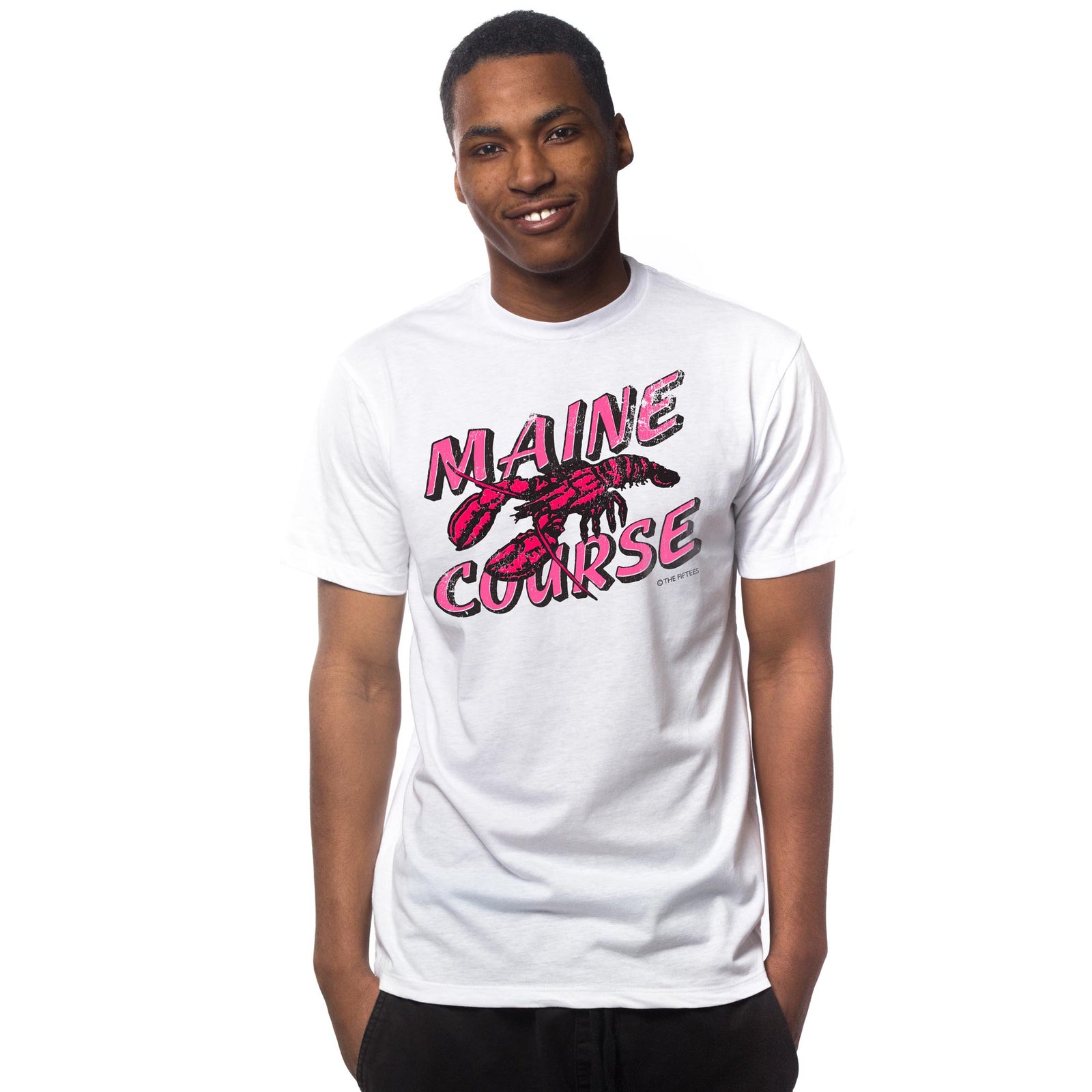 Men's Maine Course Funny Graphic T-Shirt | Vintage Lobster Seafood Tee on Model | Solid Threads