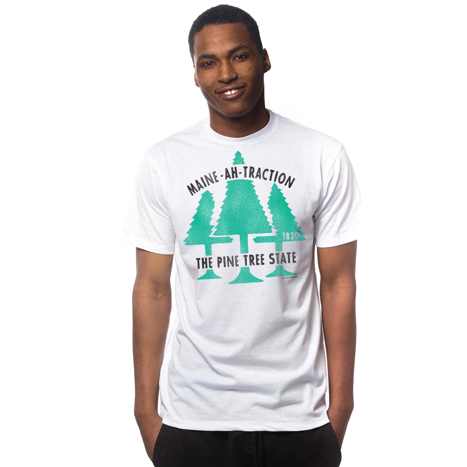 Men's Maine Attraction Cool Graphic T-Shirt | Vintage Forest Pine Tee on Model | Solid Threads
