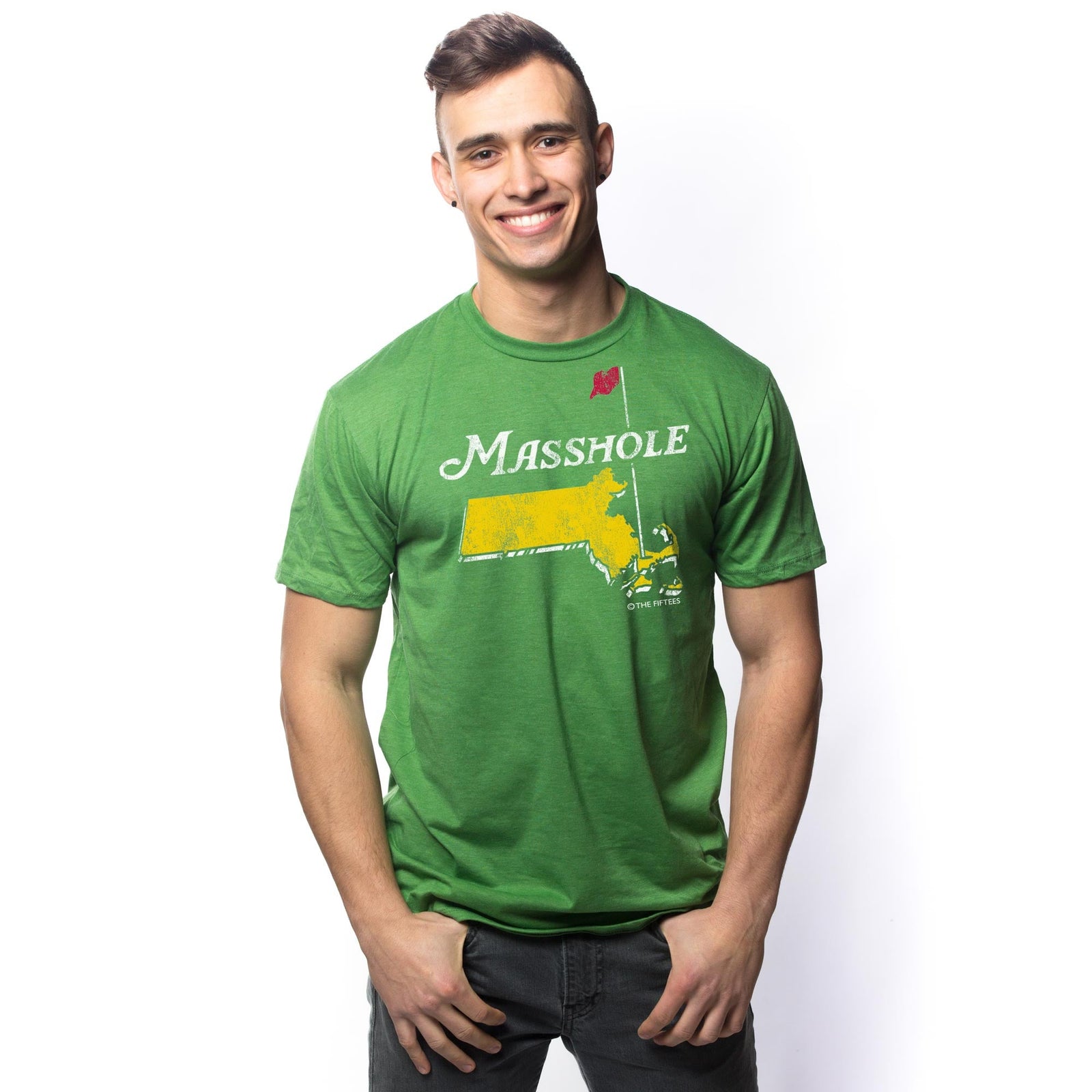 Men's Masshole Funny Graphic T-Shirt | Vintage Massachusetts Sports Tee on Model | Solid Threads