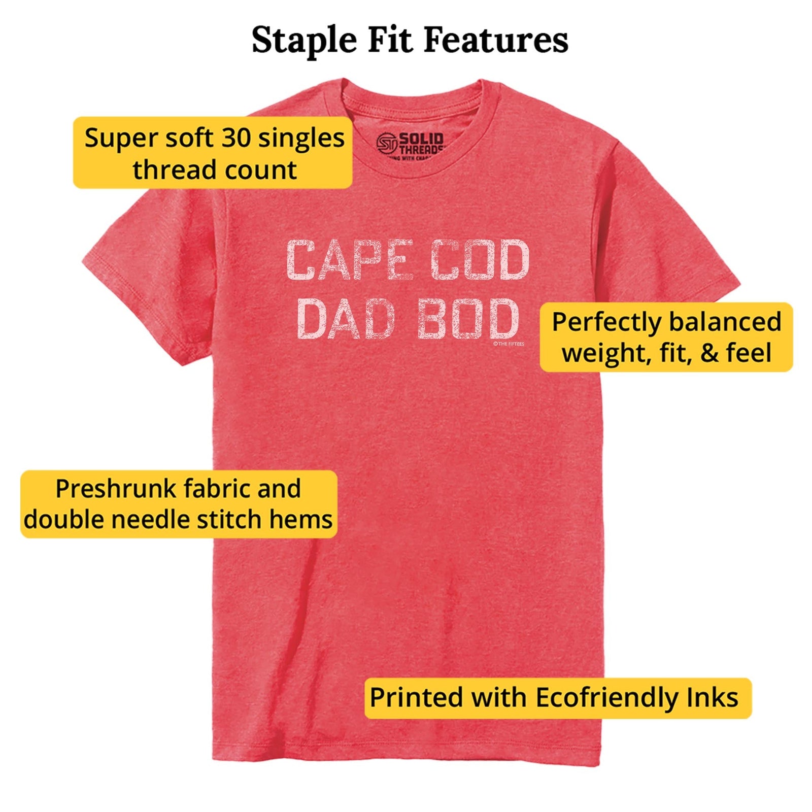 Cape Cod Dad Bod Funny Staple T-shirt in Red Heather - Fit Attributes