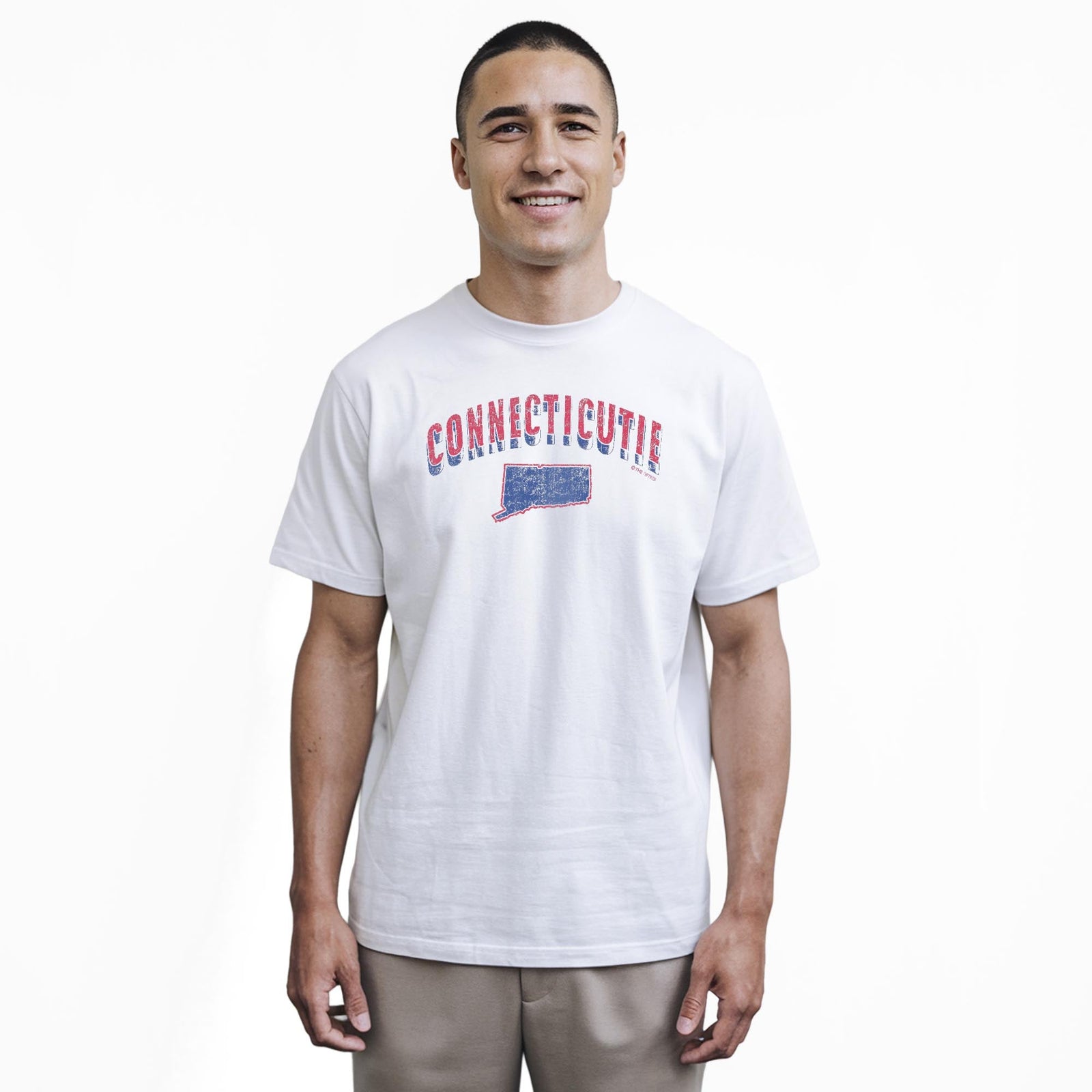 Connecticutie Funny Staple T-shirt in White On Model - Front View