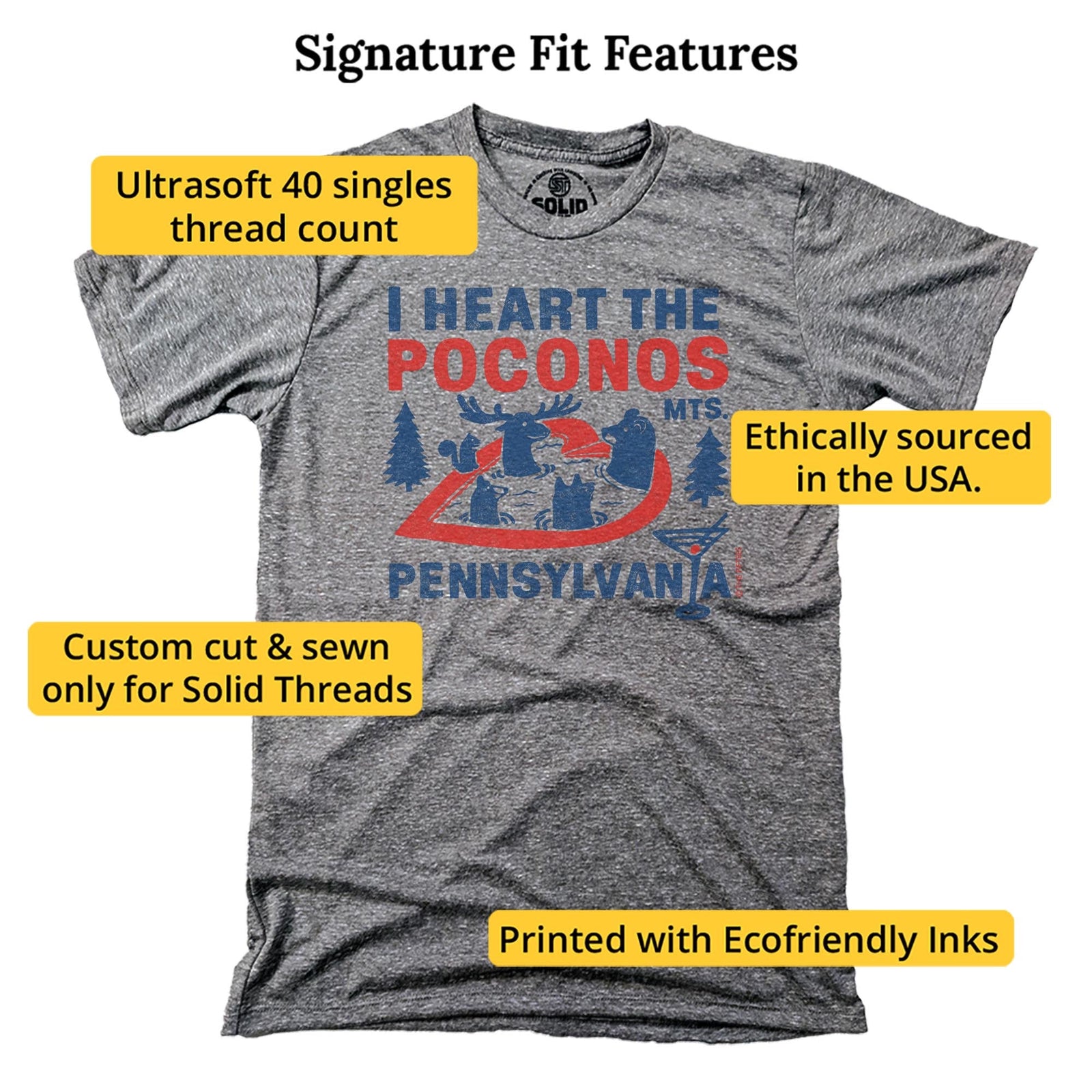 I Heart The Poconos Funny Signature T-shirt in Triblend Grey - Fit Attributes