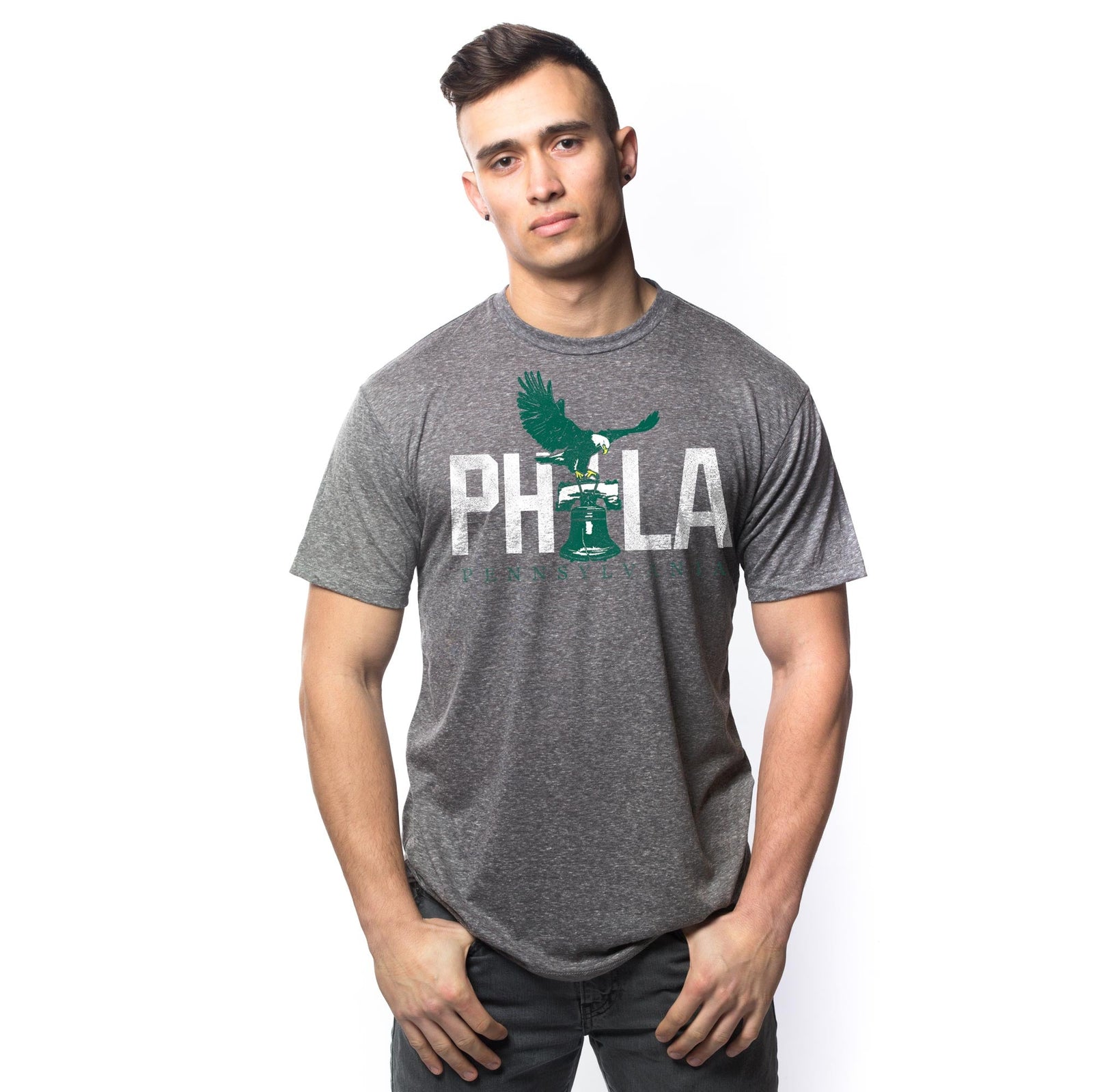 Men's Philly Eagle Cool Graphic T-Shirt | Vintage PA Liberty Tee on Model | Solid Threads