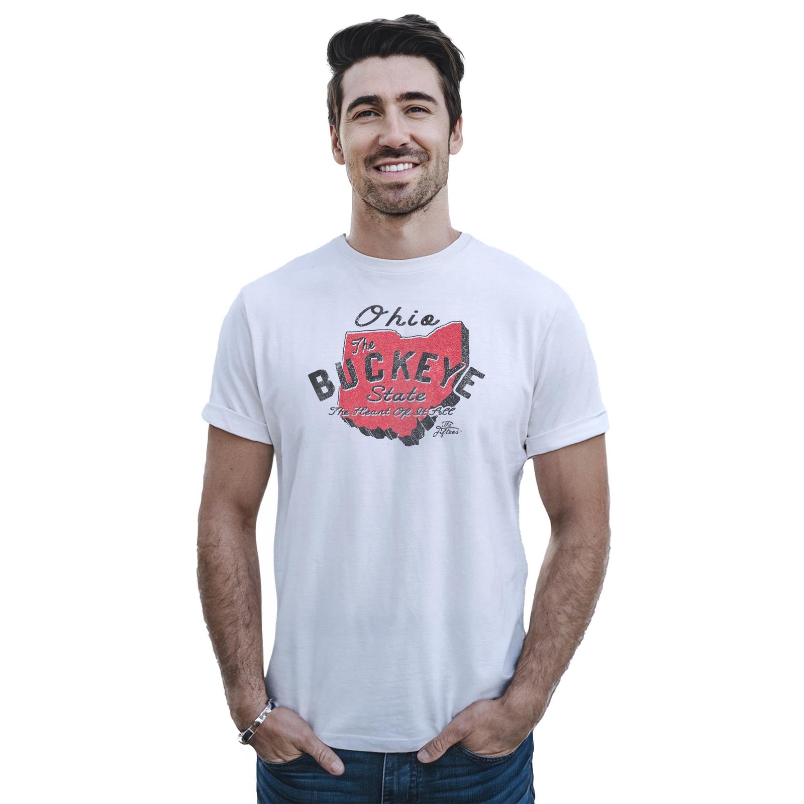 The Buckeye State Cool Staple T-shirt in White On Model - Front View