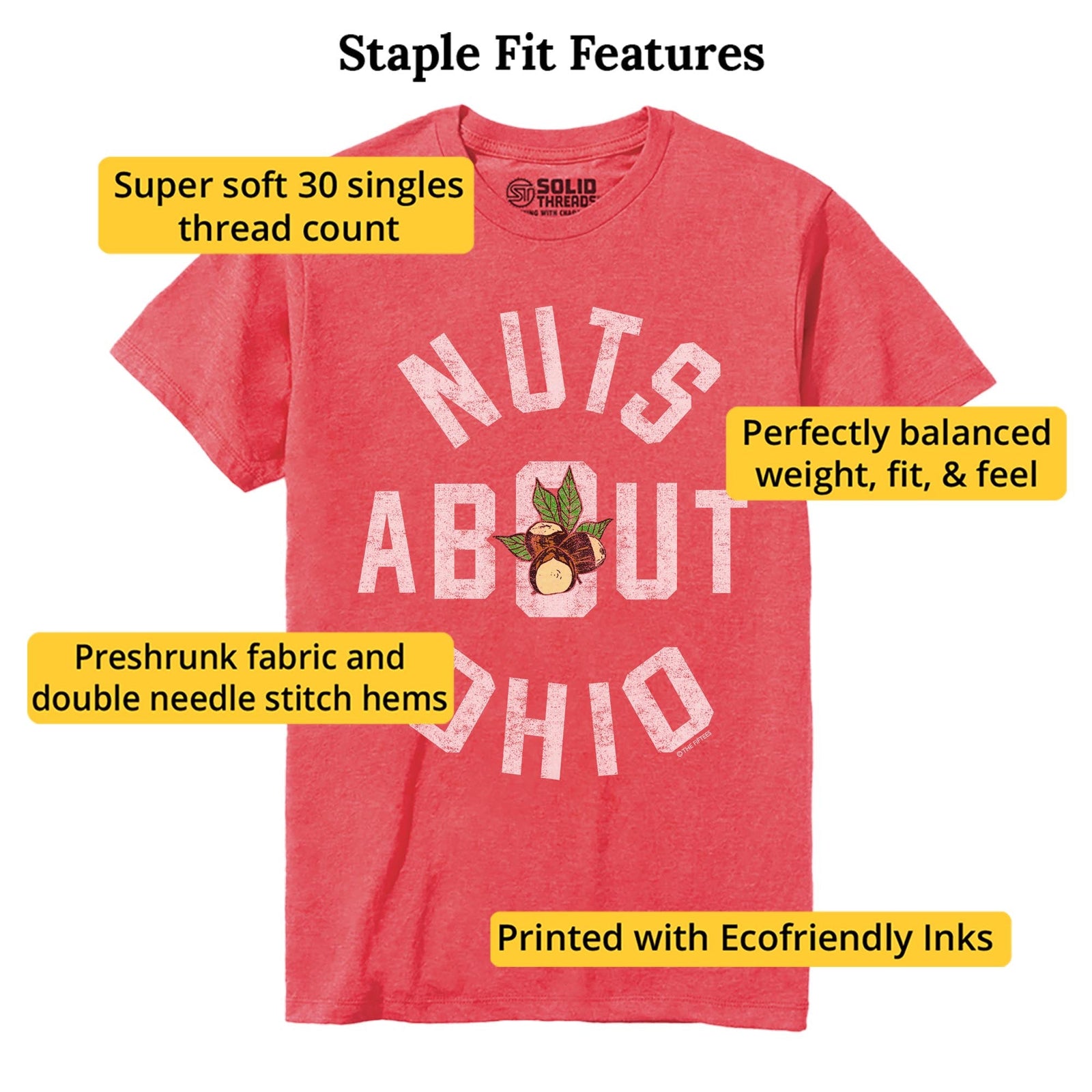 Nuts About Ohio Funny Staple T-shirt in Red Heather - Fit Attributes