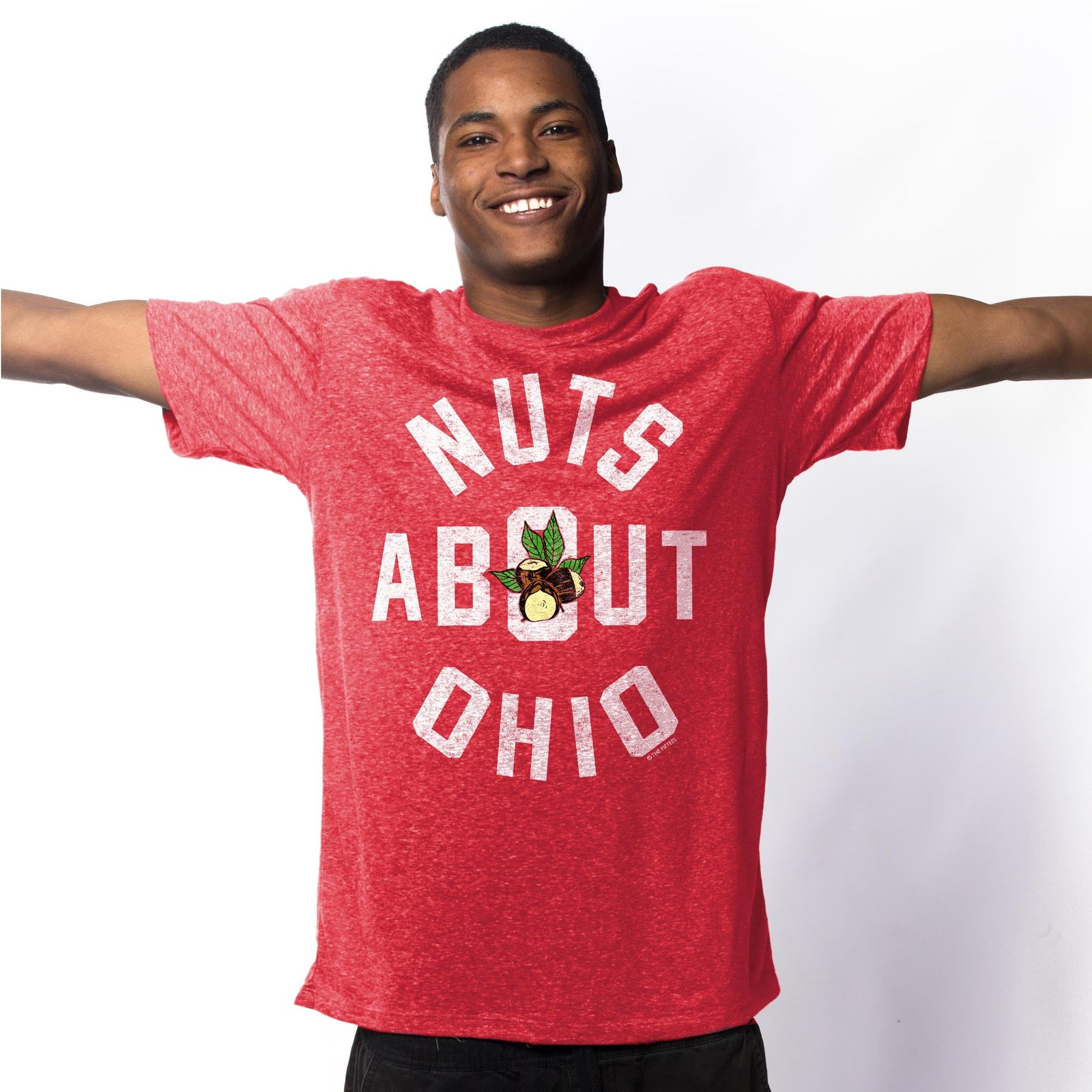 Men's Nuts About Ohio Funny Graphic T-Shirt | Vintage Plant Buckeye Tee on Model | Solid Threads
