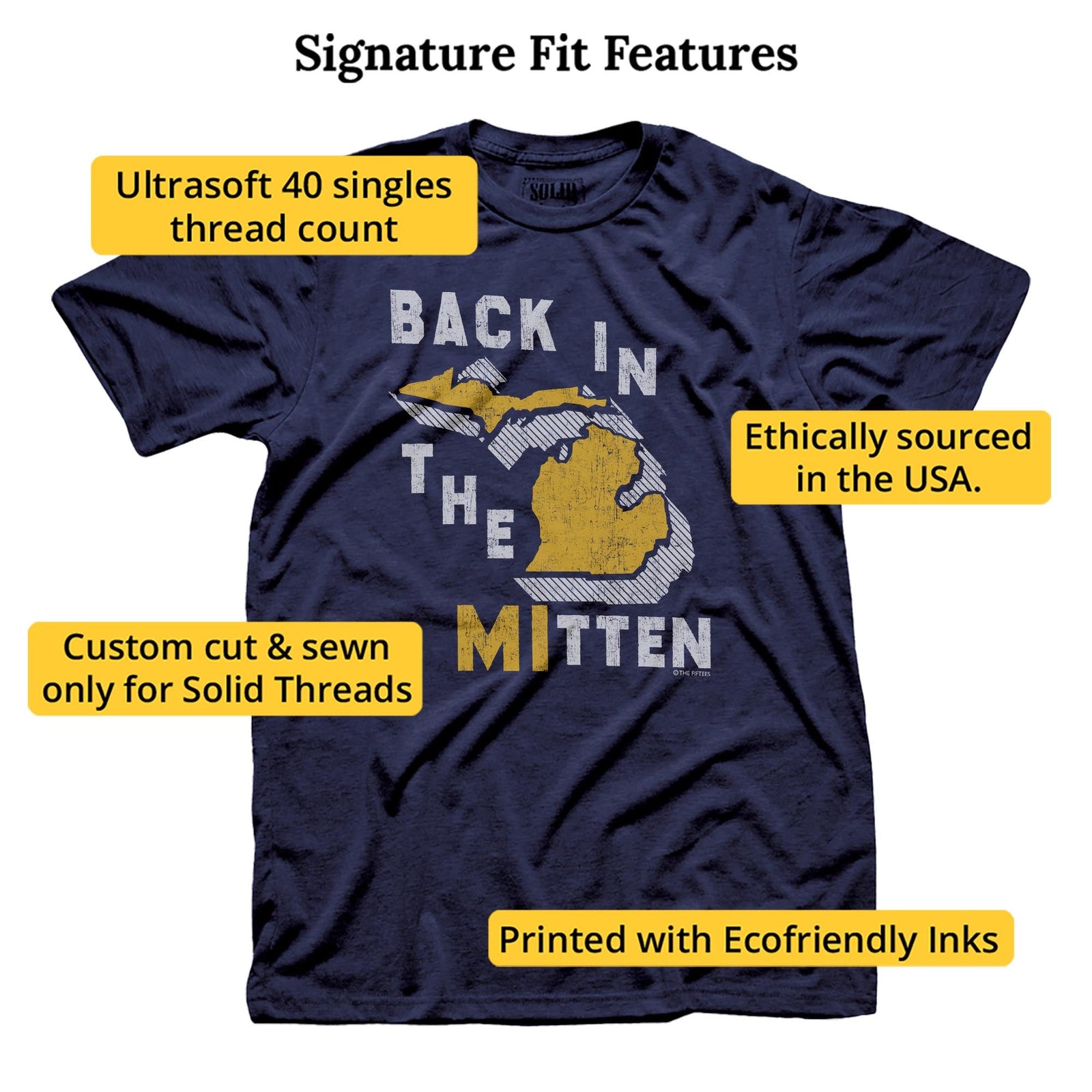 Back In The Mitten Funny Signature T-shirt in Navy - Fit Attributes