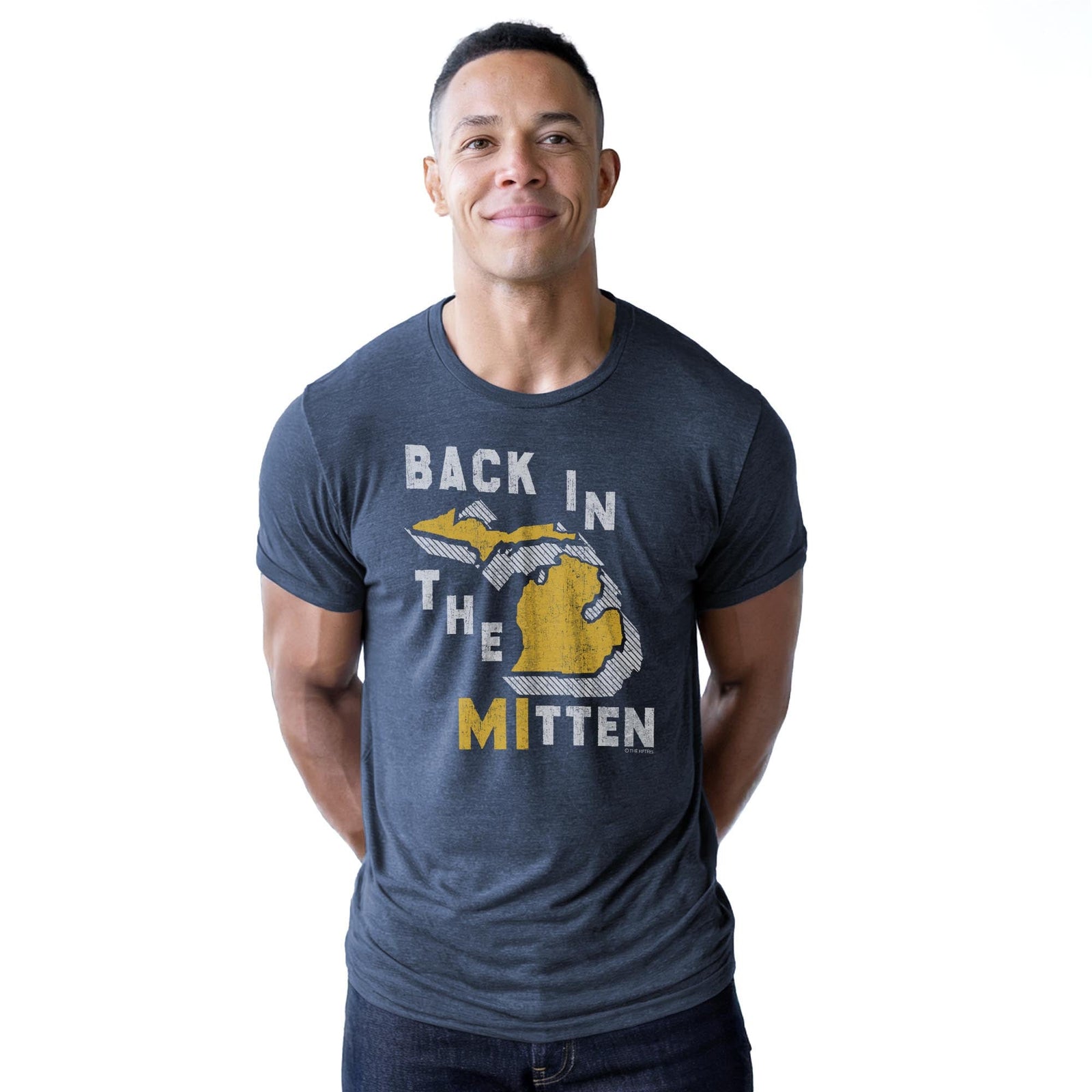 Back In The Mitten Funny Staple T-shirt in Navy Heather On Model - Front View