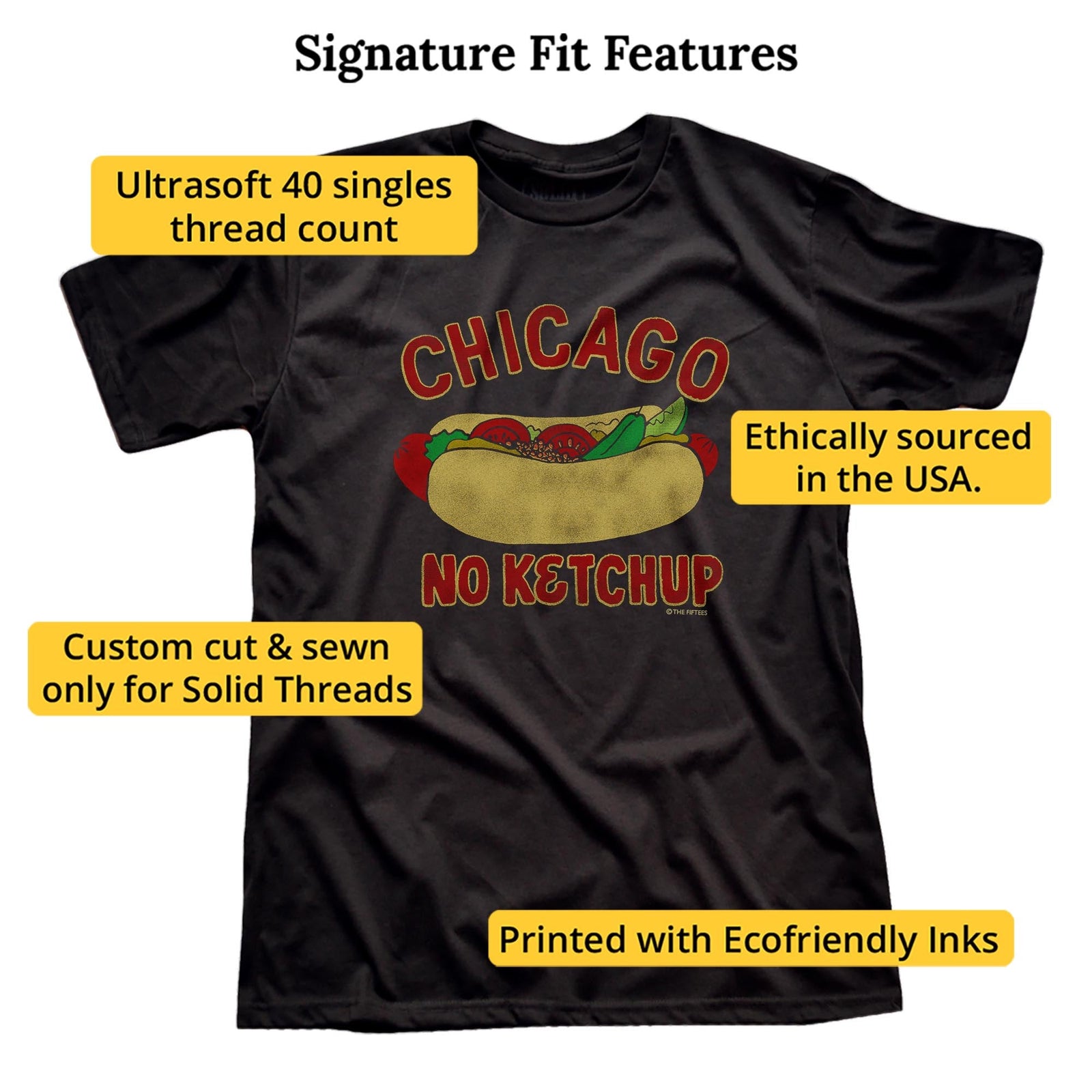 Chicago No Ketchup Funny Signature T-shirt in Black - Fit Attributes