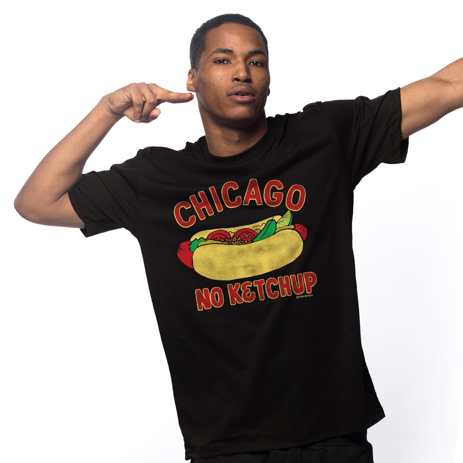 Men's Chicago No Ketchup Funny Graphic T-Shirt | Vintage Illinois Hot Dog Tee on Model | Solid Threads