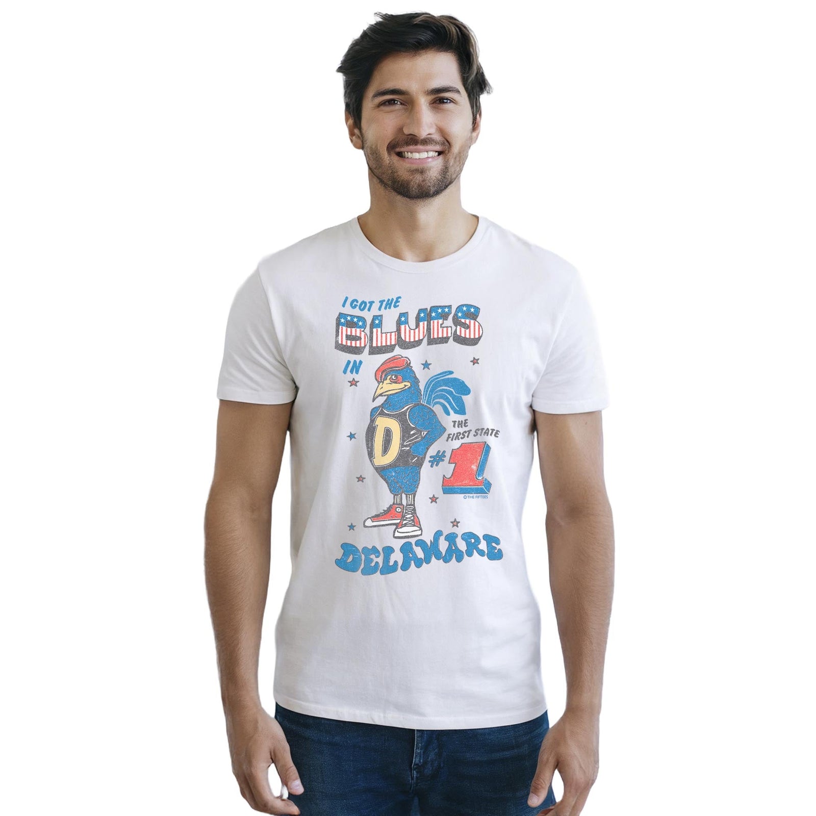 I Got The Blues Cool Staple T-shirt in White On Model - Front View