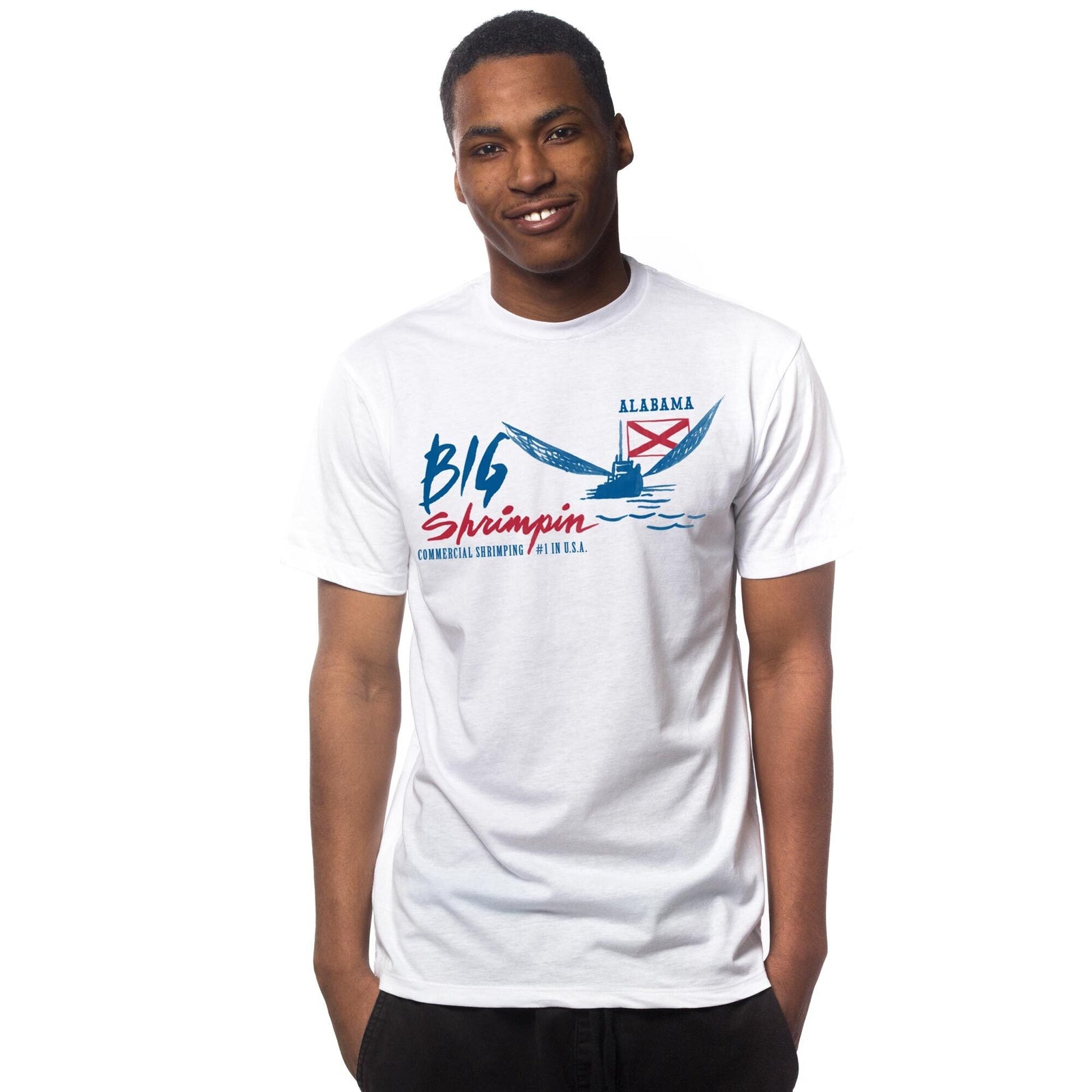 Men's Big Shrimpin' Cool Graphic T-Shirt | Vintage AL Commercial Fishing Tee on Model | Solid Threads
