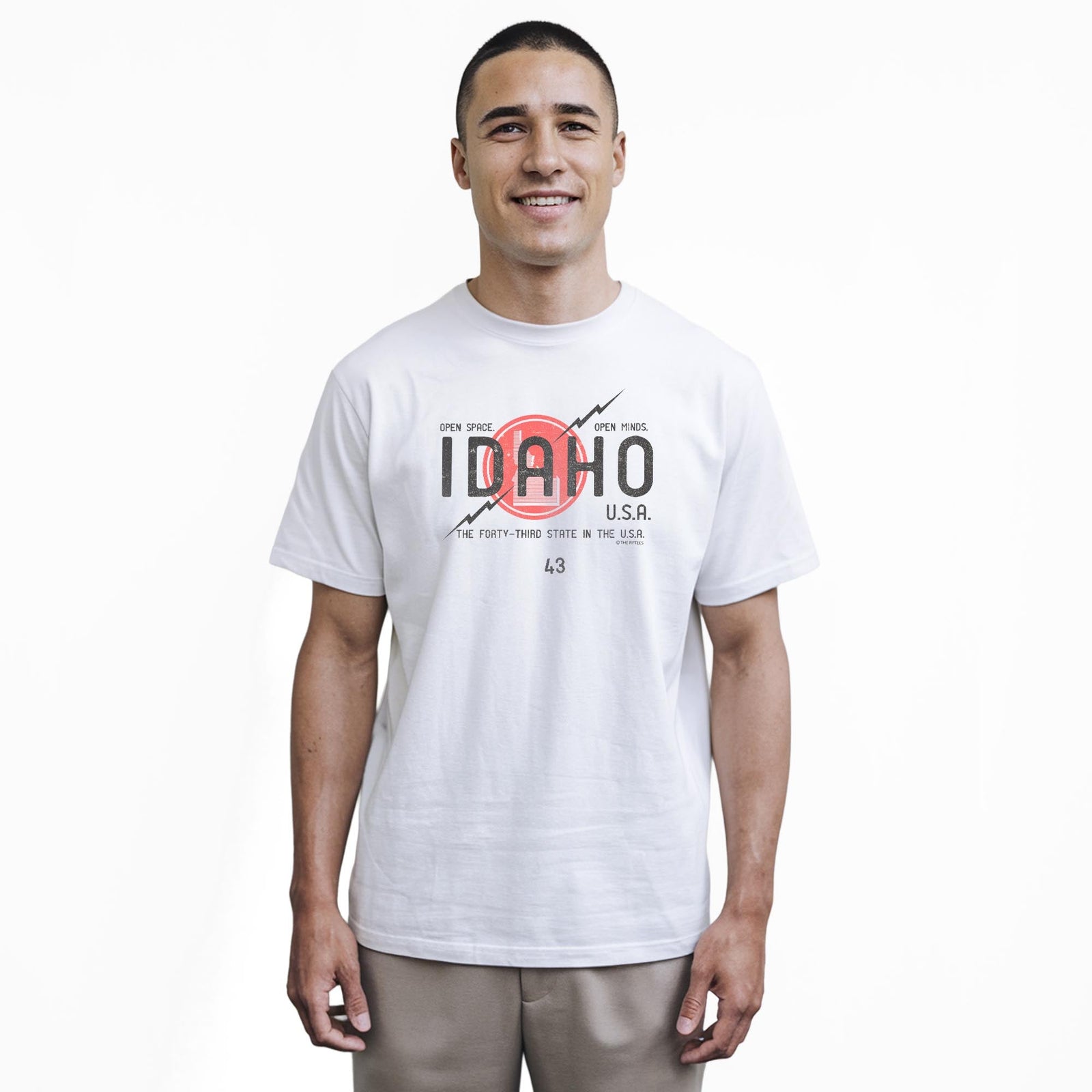 Idaho Open Space Cool Staple T-shirt in White On Model - Front View