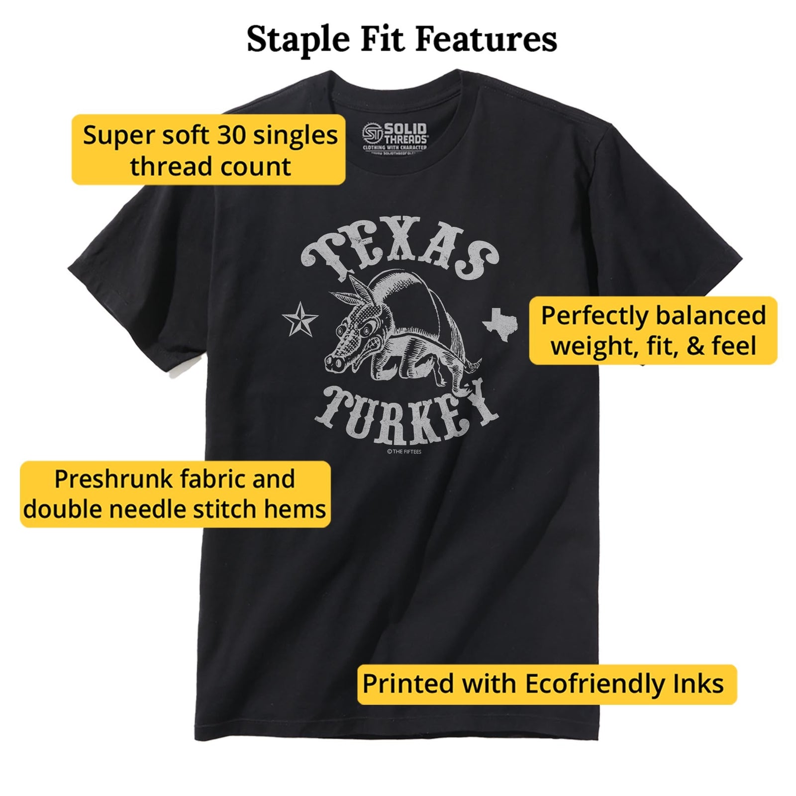 Texas Turkey Funny Staple T-shirt in Black - Fit Attributes